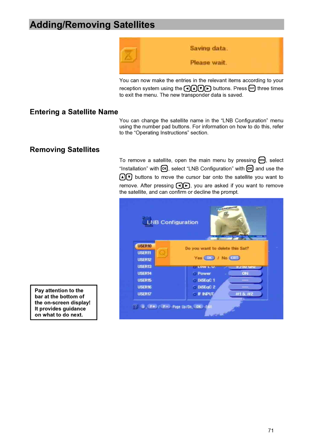 Kathrein UFD 580S manual Entering a Satellite Name, Removing Satellites 