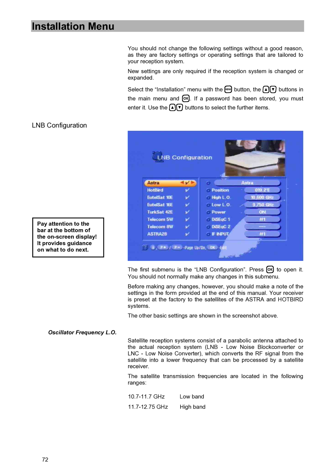 Kathrein UFD 580S manual Installation Menu, LNB Configuration, Oscillator Frequency L.O 