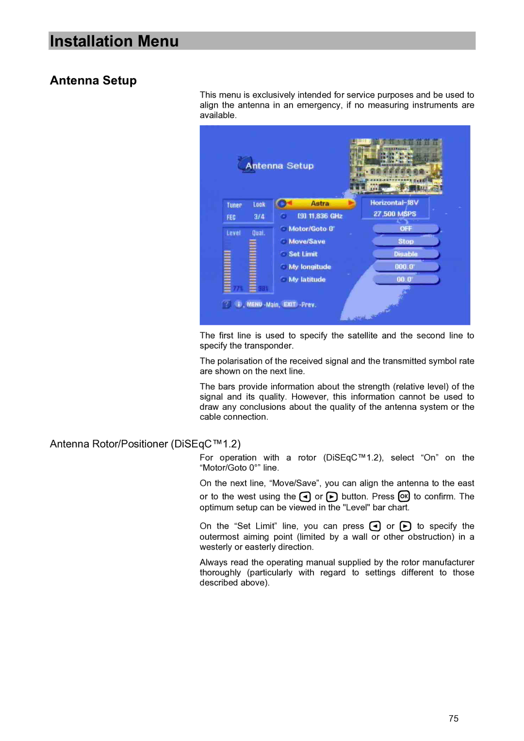 Kathrein UFD 580S manual Antenna Setup, Antenna Rotor/Positioner DiSEqC1.2 