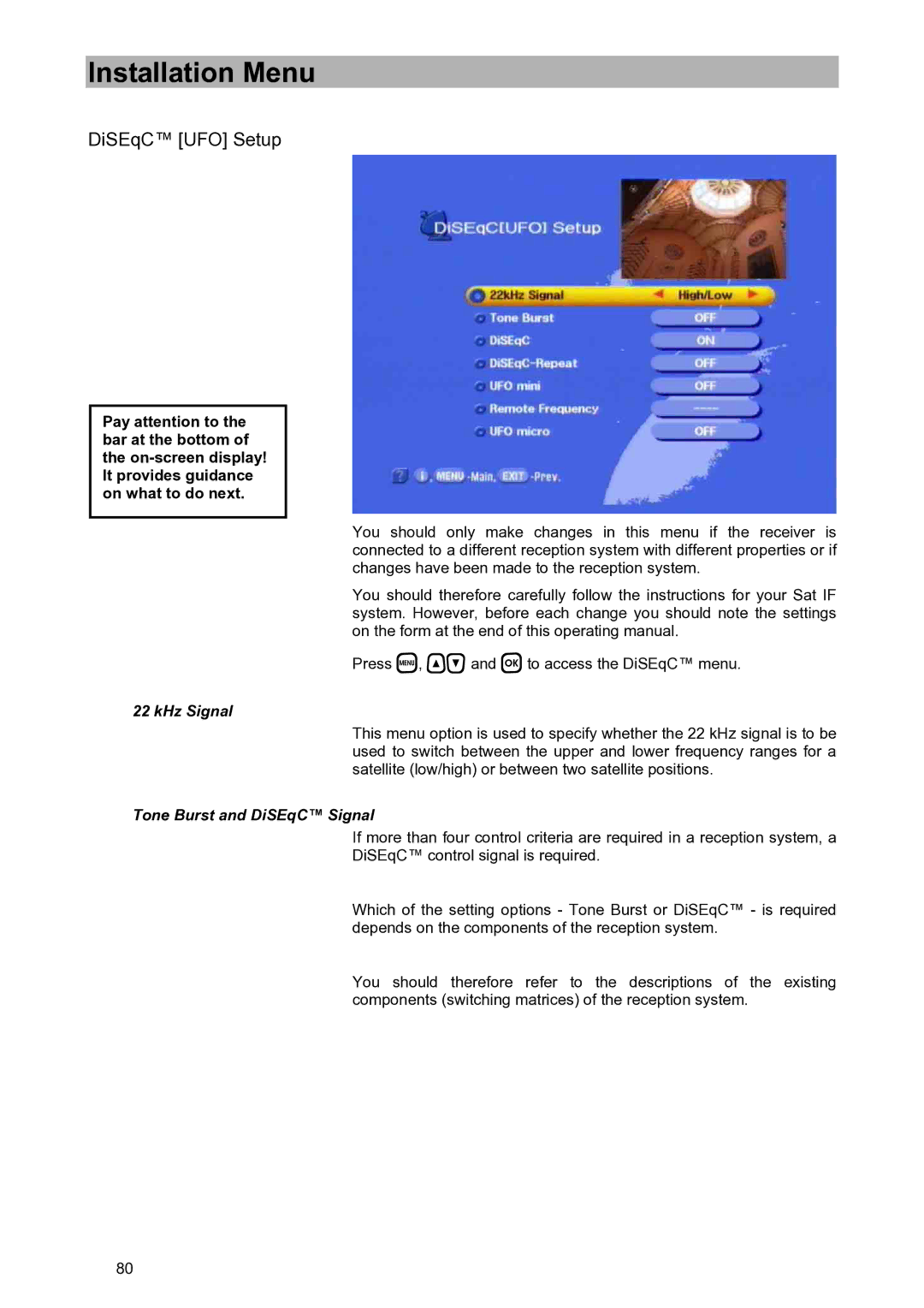 Kathrein UFD 580S manual DiSEqC UFO Setup, KHz Signal, Tone Burst and DiSEqC Signal 