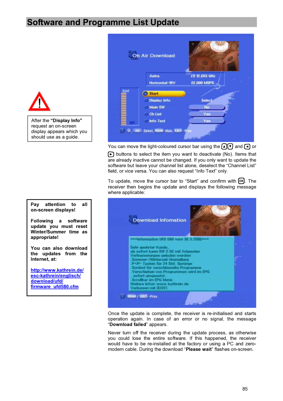 Kathrein UFD 580S manual Software and Programme List Update 