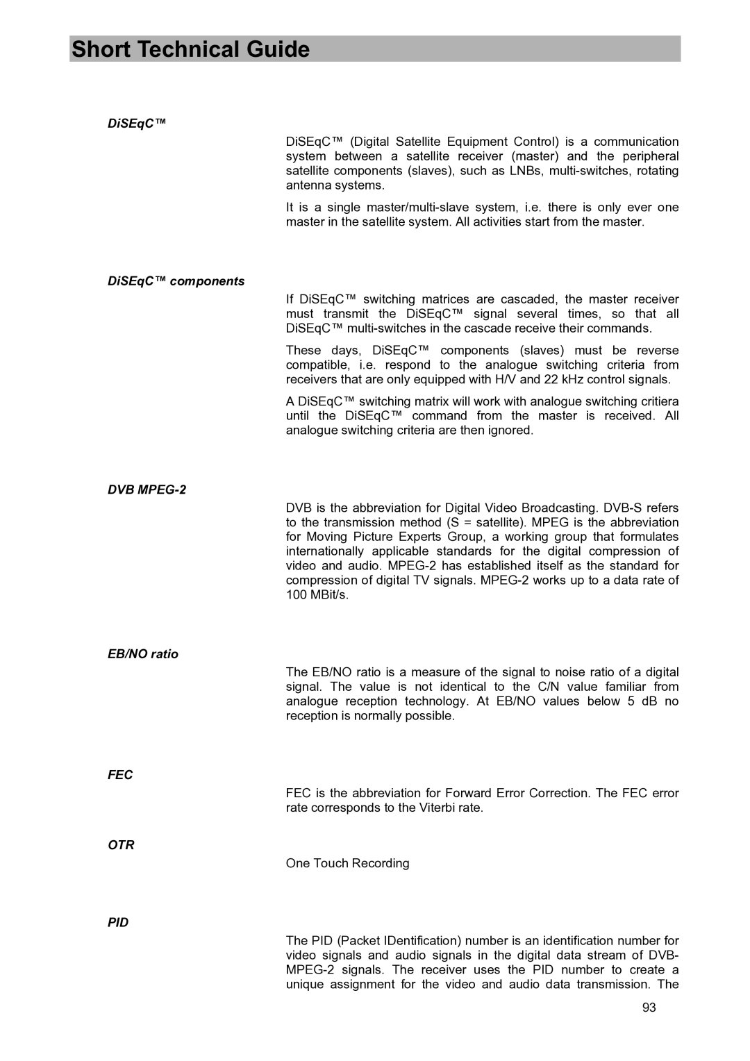 Kathrein UFD 580S manual Short Technical Guide, DiSEqC components, EB/NO ratio 