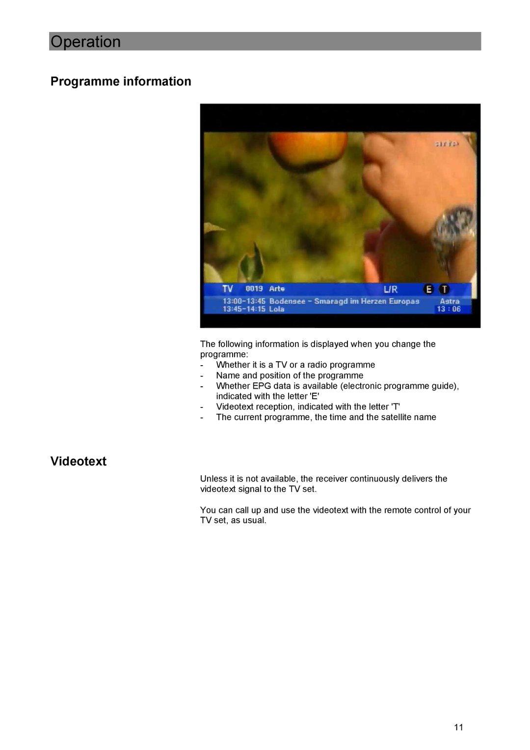 Kathrein UFE 305/S manual Programme information, Videotext 