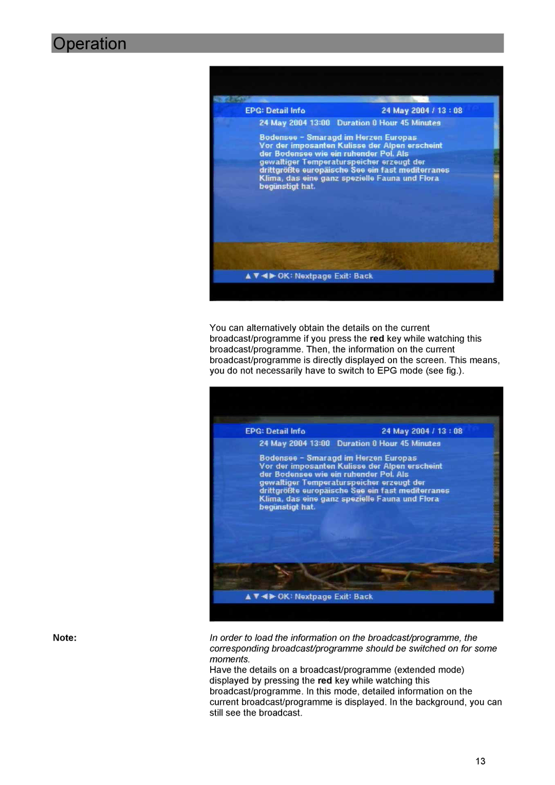 Kathrein UFE 305/S manual Order to load the information on the broadcast/programme 