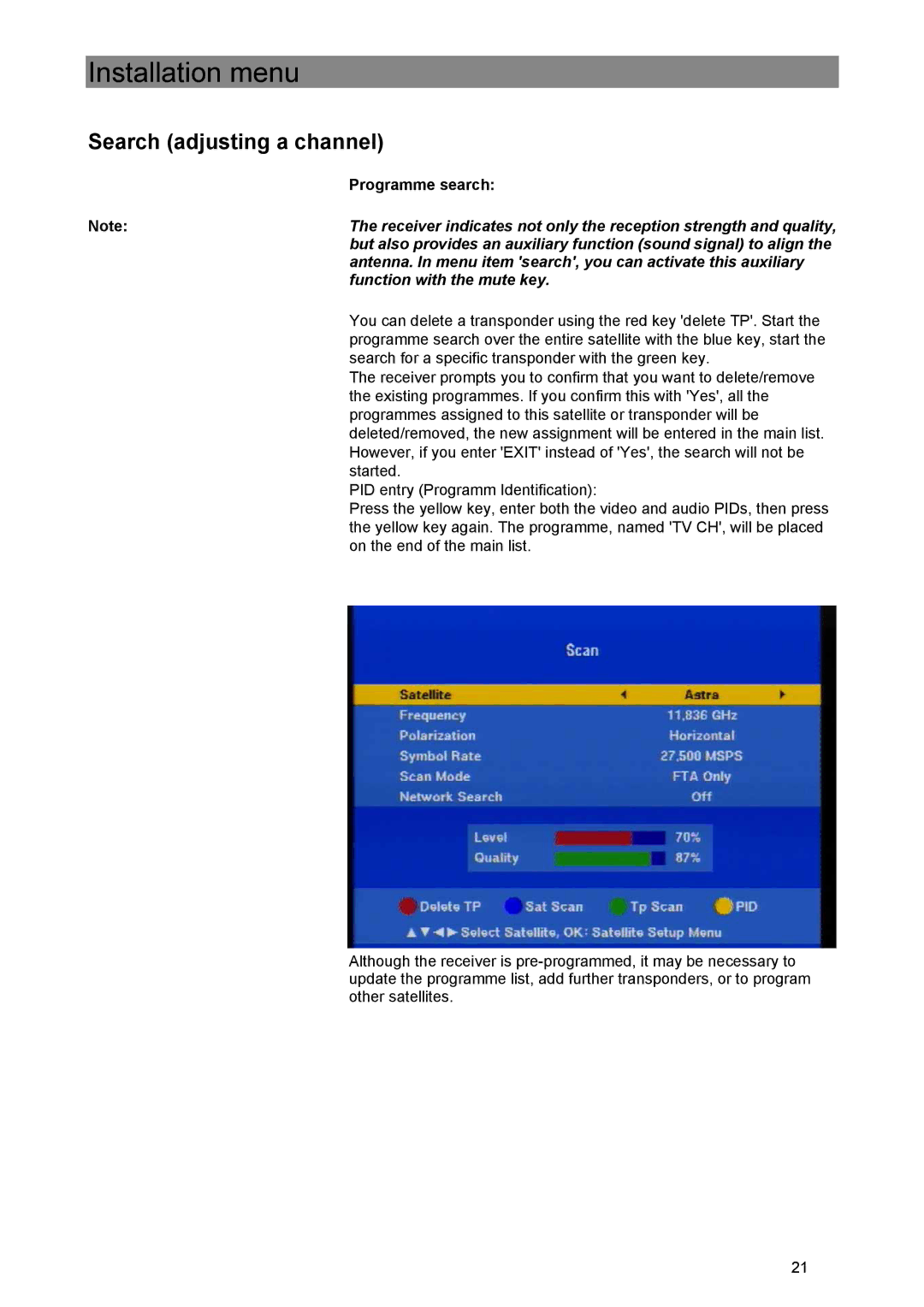 Kathrein UFE 305/S manual Search adjusting a channel, Programme search 