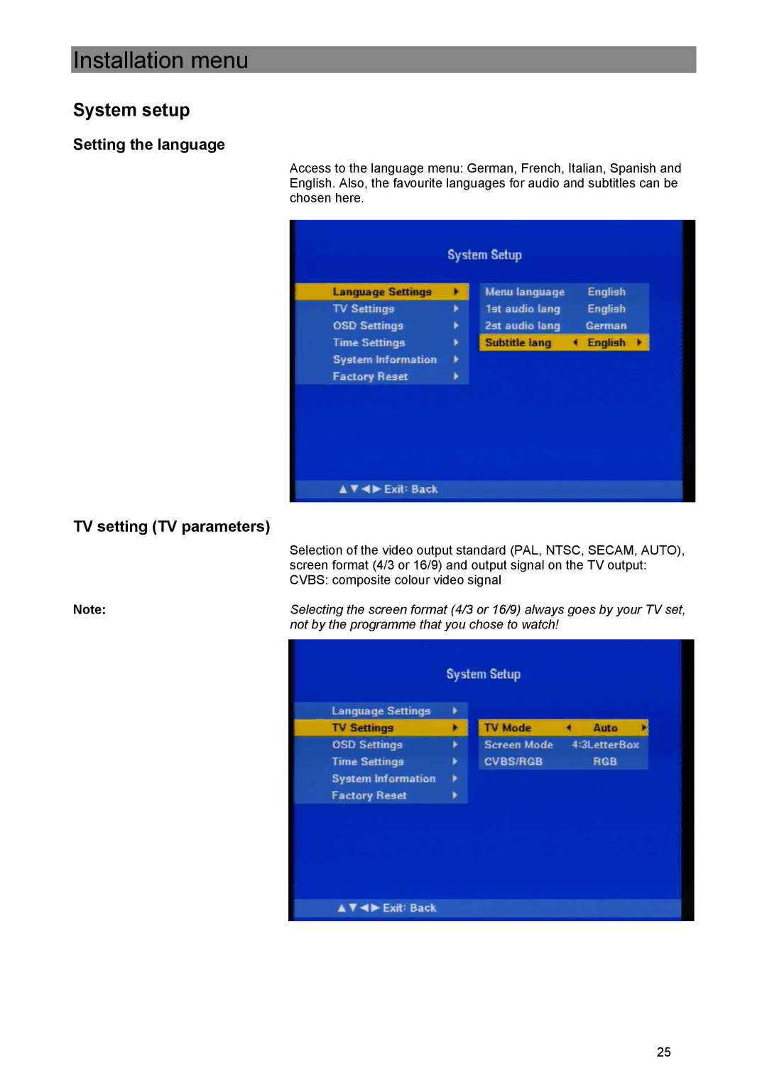 Kathrein UFE 305/S manual System setup, Setting the language 