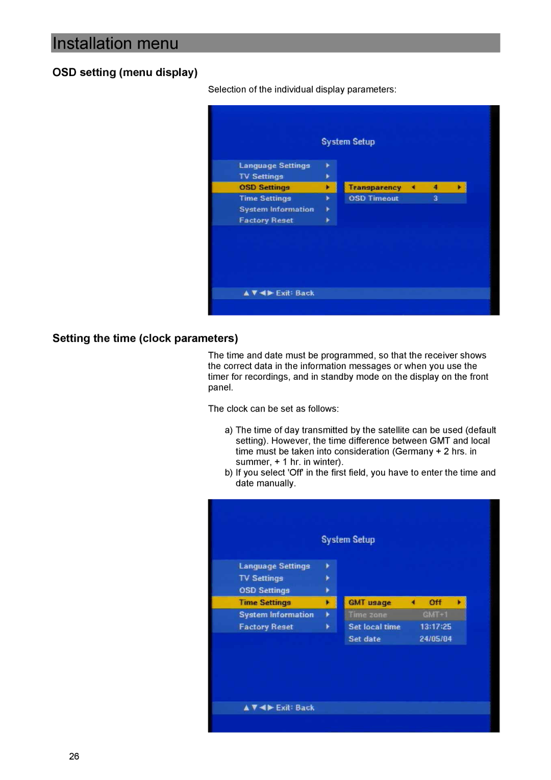 Kathrein UFE 305/S manual OSD setting menu display 