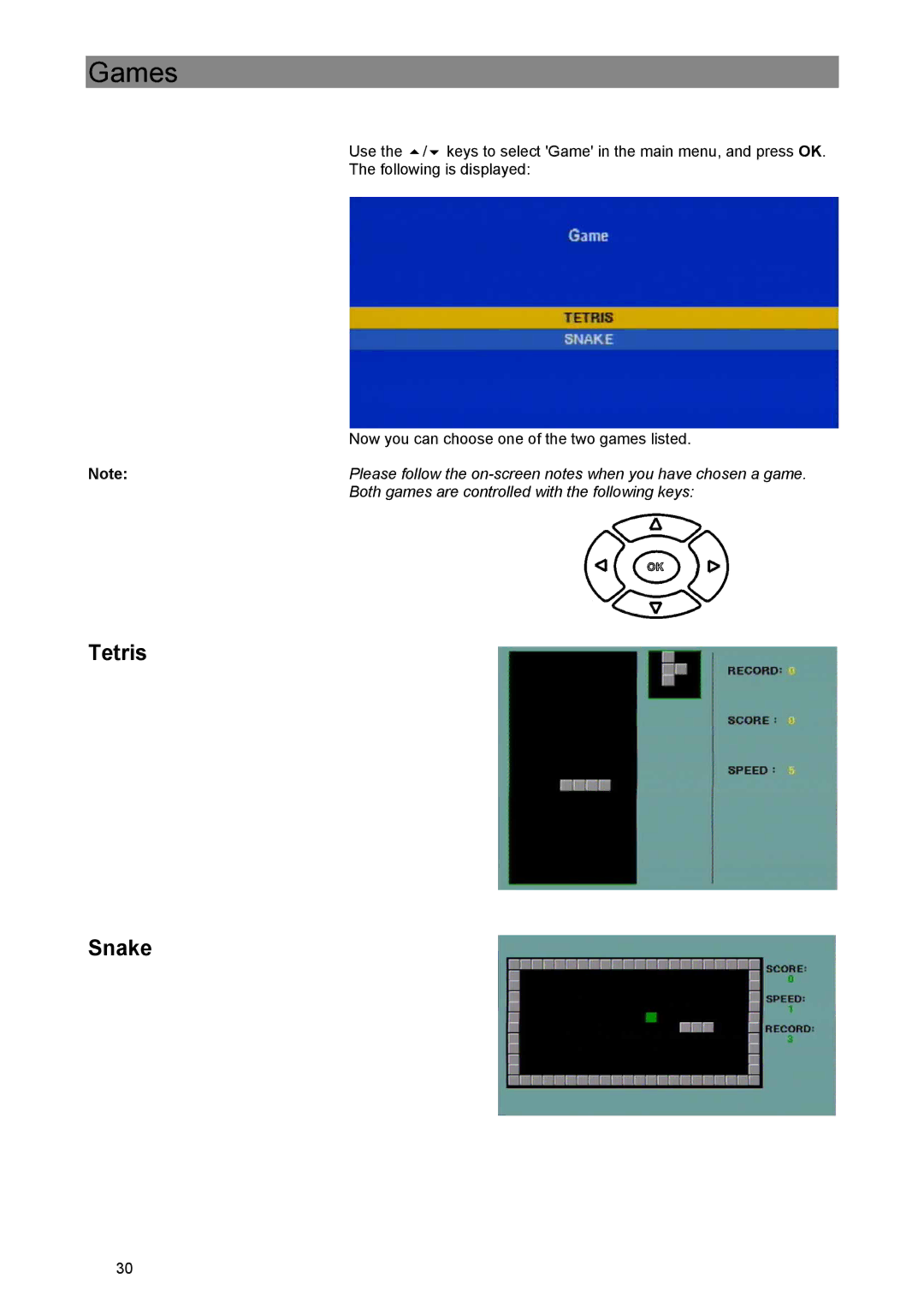 Kathrein UFE 305/S manual Games, Tetris Snake 