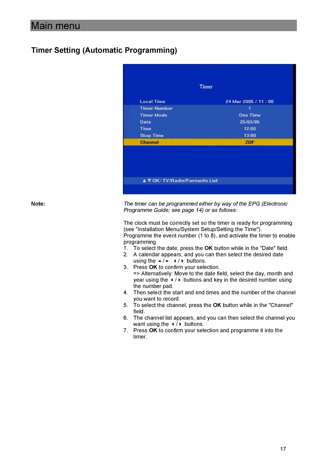 Kathrein UFE 370/S manual Timer Setting Automatic Programming, Programme Guide see page 14 or as follows 