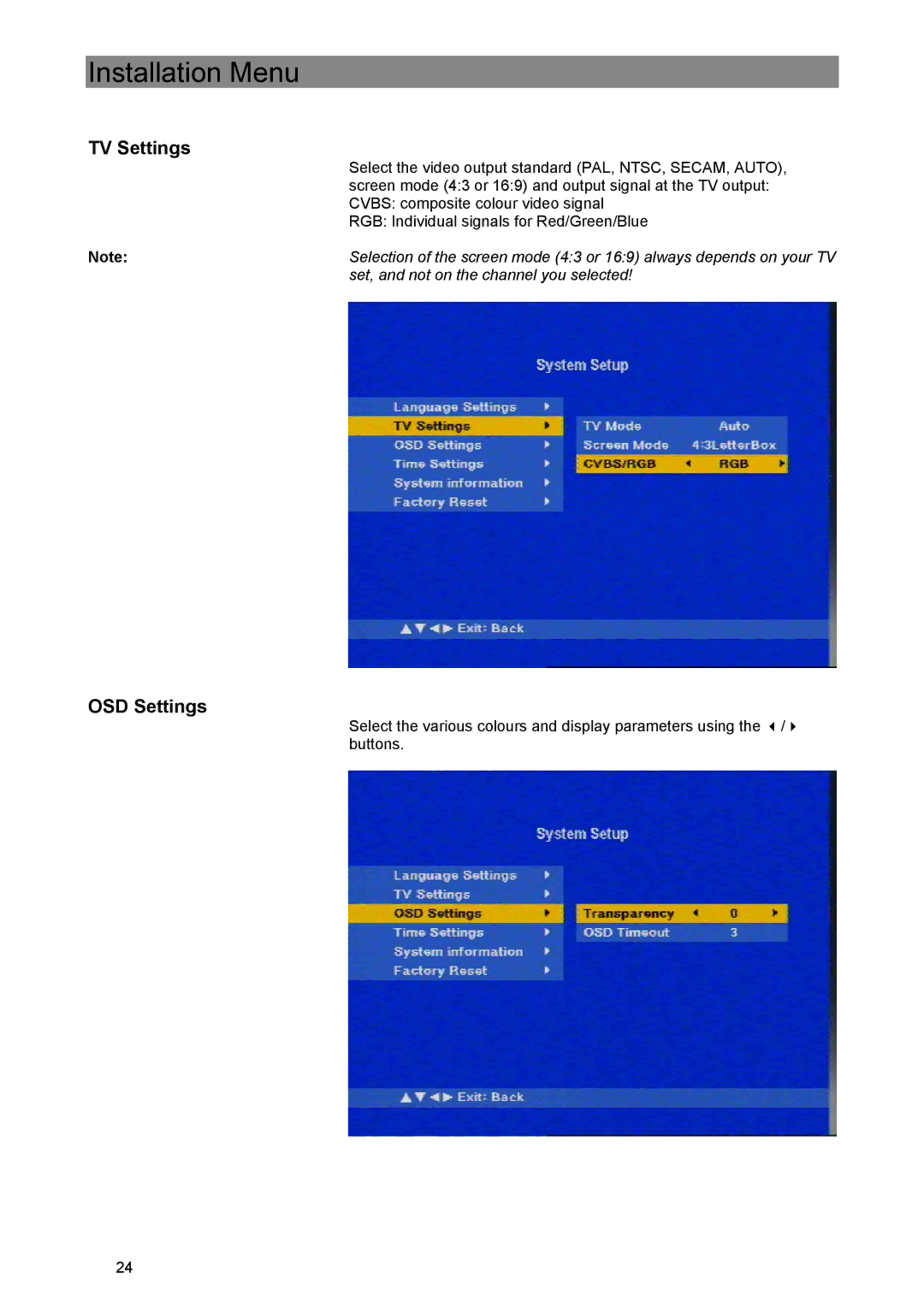 Kathrein UFE 370/S manual OSD Settings 