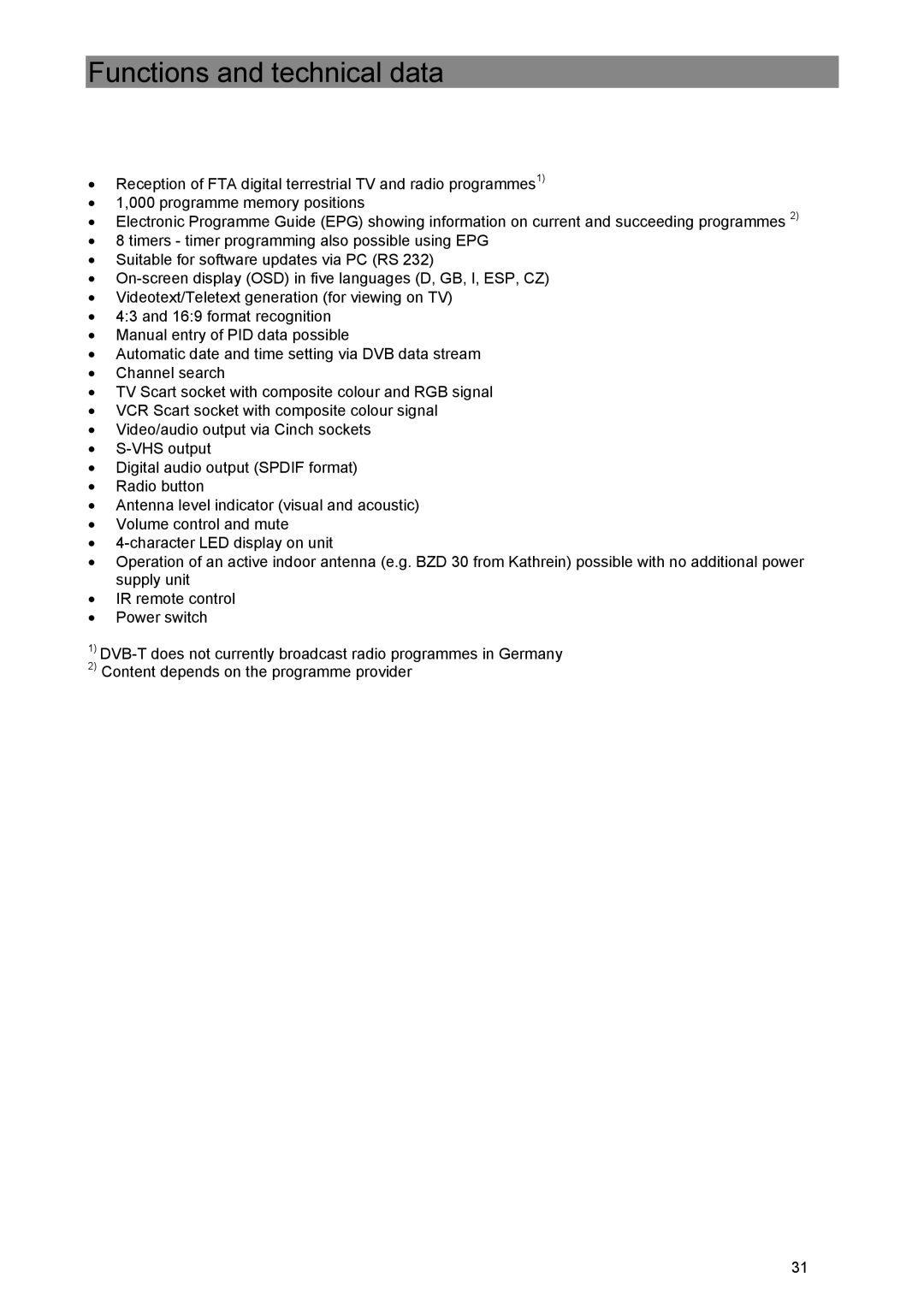 Kathrein UFE 370/S manual Functions and technical data 