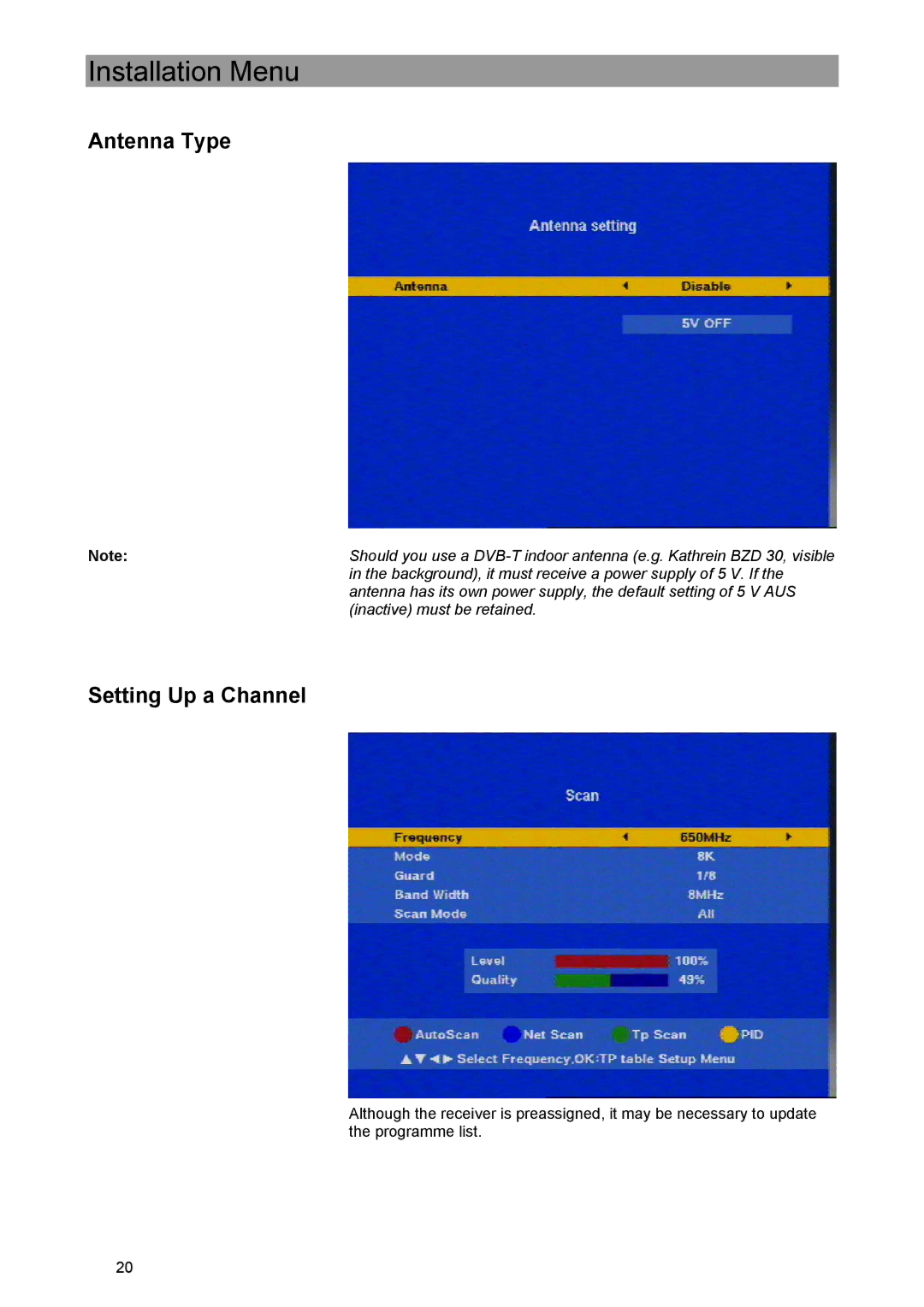 Kathrein UFE 371/S manual Antenna Type, Setting Up a Channel 