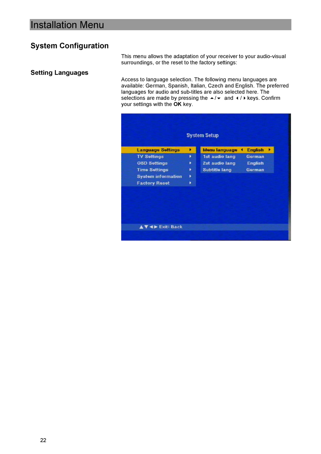 Kathrein UFE 371/S manual System Configuration, Setting Languages 