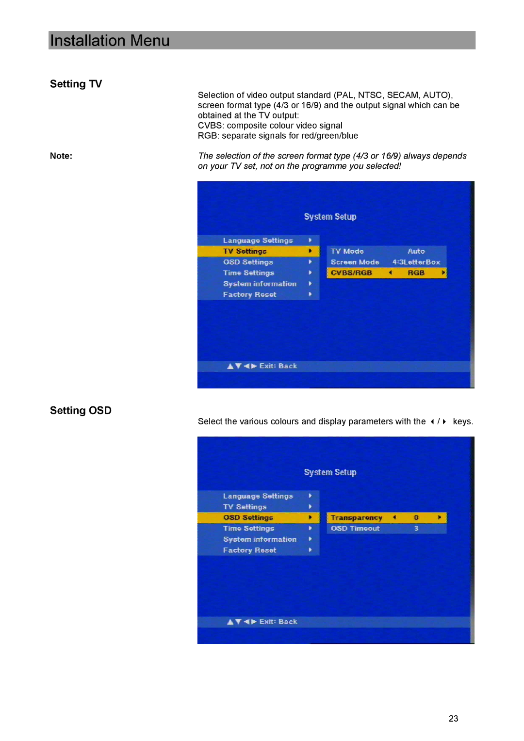 Kathrein UFE 371/S manual Setting OSD 