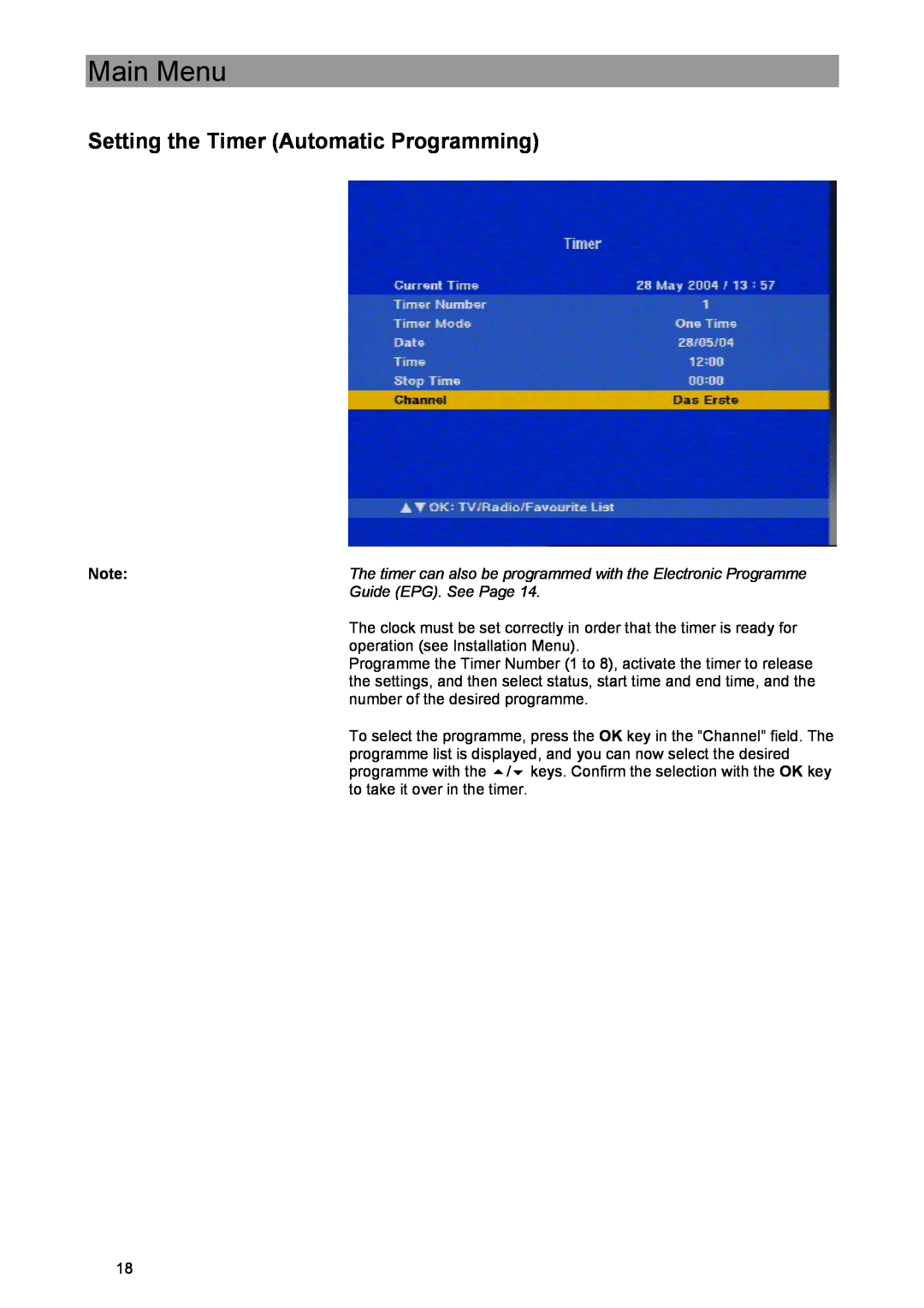 Kathrein UFE 371/S manual Setting the Timer Automatic Programming, Main Menu 