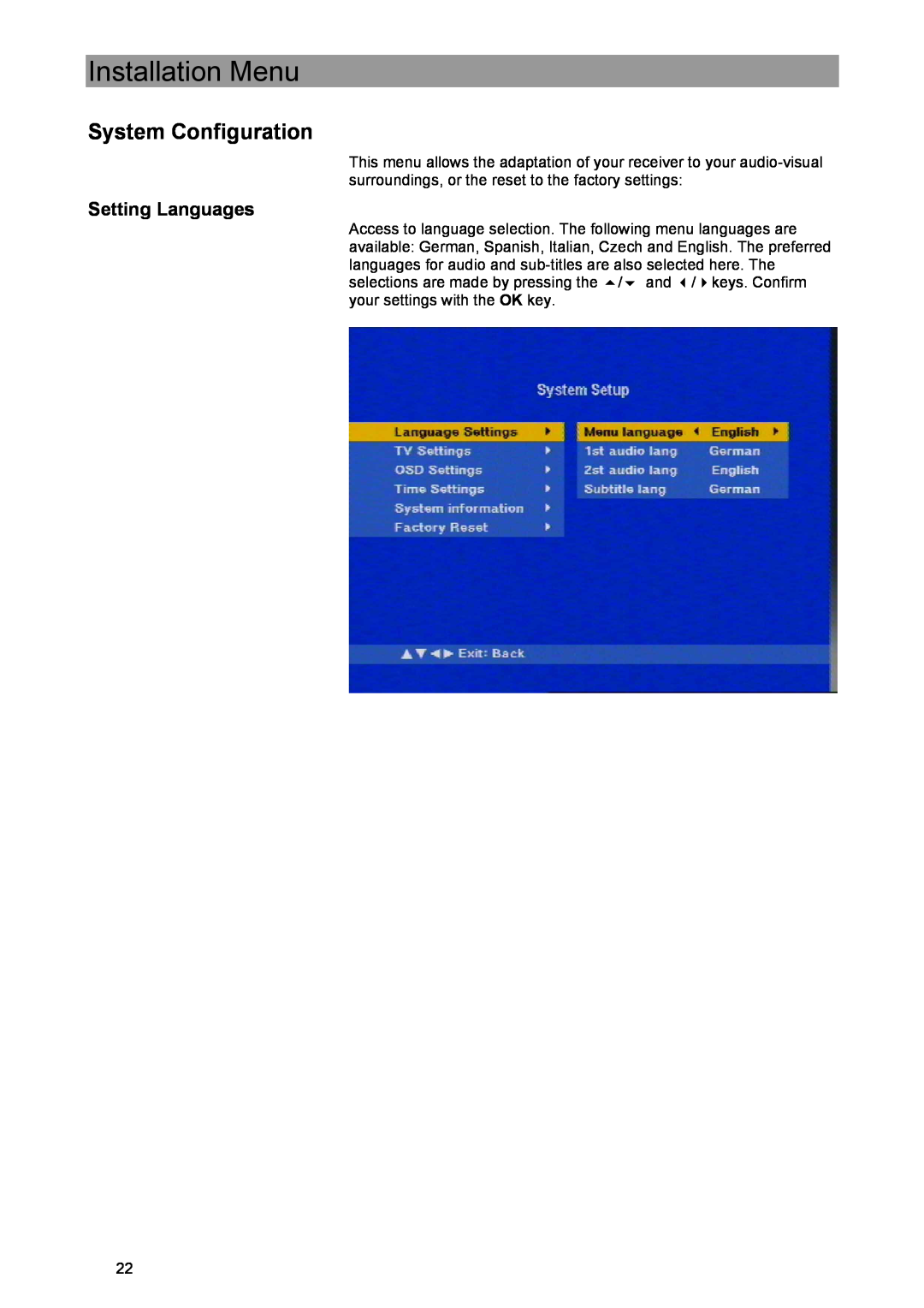 Kathrein UFE 371/S manual System Configuration, Setting Languages, Installation Menu 