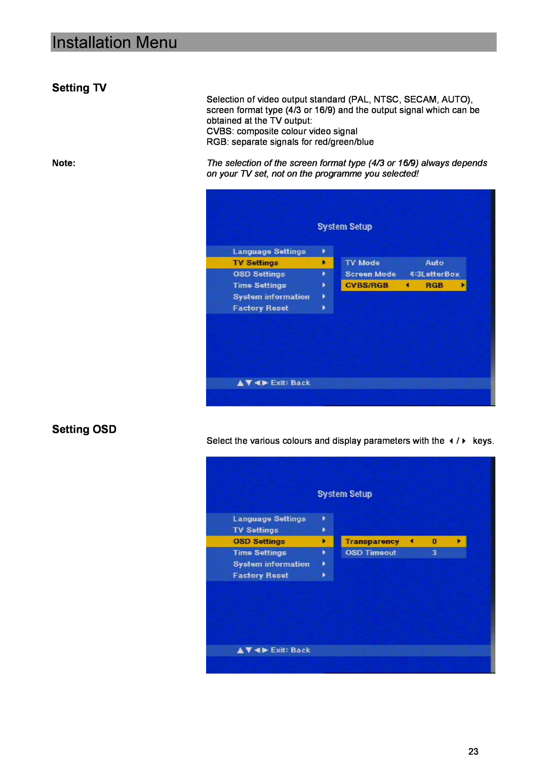 Kathrein UFE 371/S manual Setting TV, Setting OSD, Installation Menu 