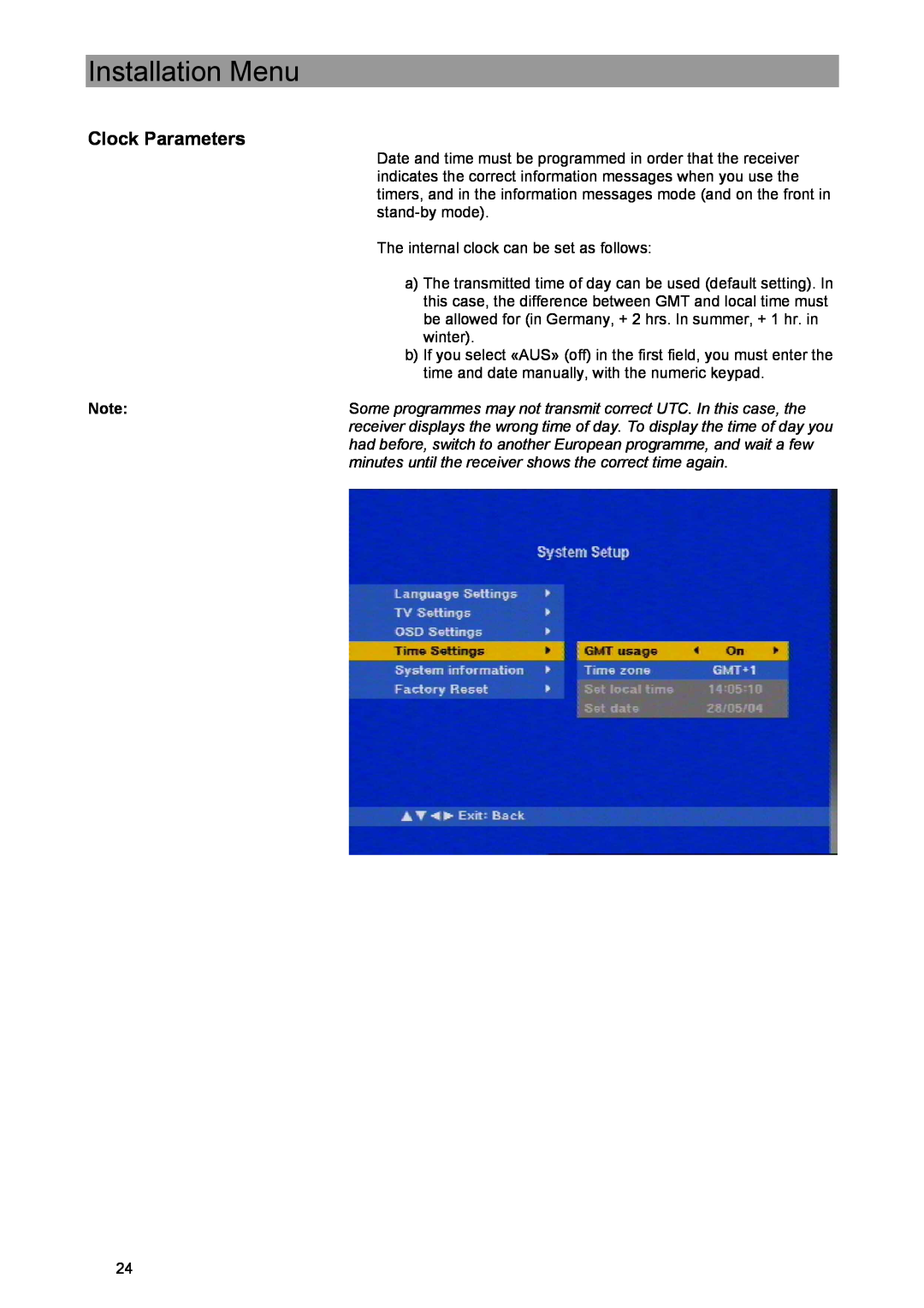Kathrein UFE 371/S manual Clock Parameters, Installation Menu 