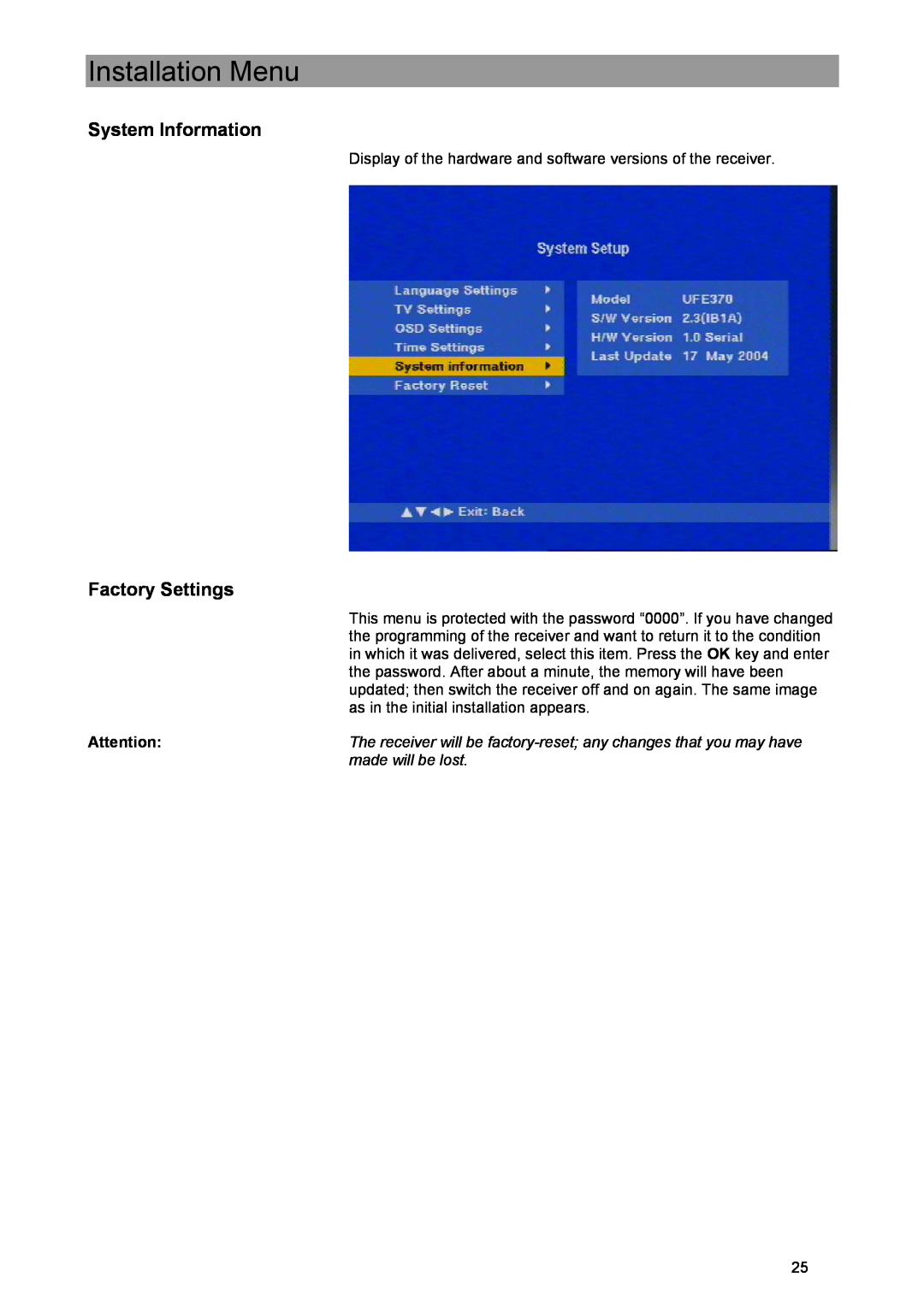 Kathrein UFE 371/S manual System Information, Factory Settings, Installation Menu 