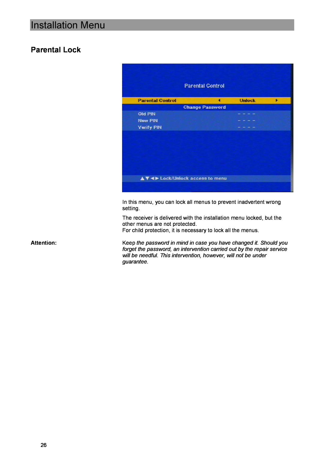 Kathrein UFE 371/S manual Parental Lock, Installation Menu 