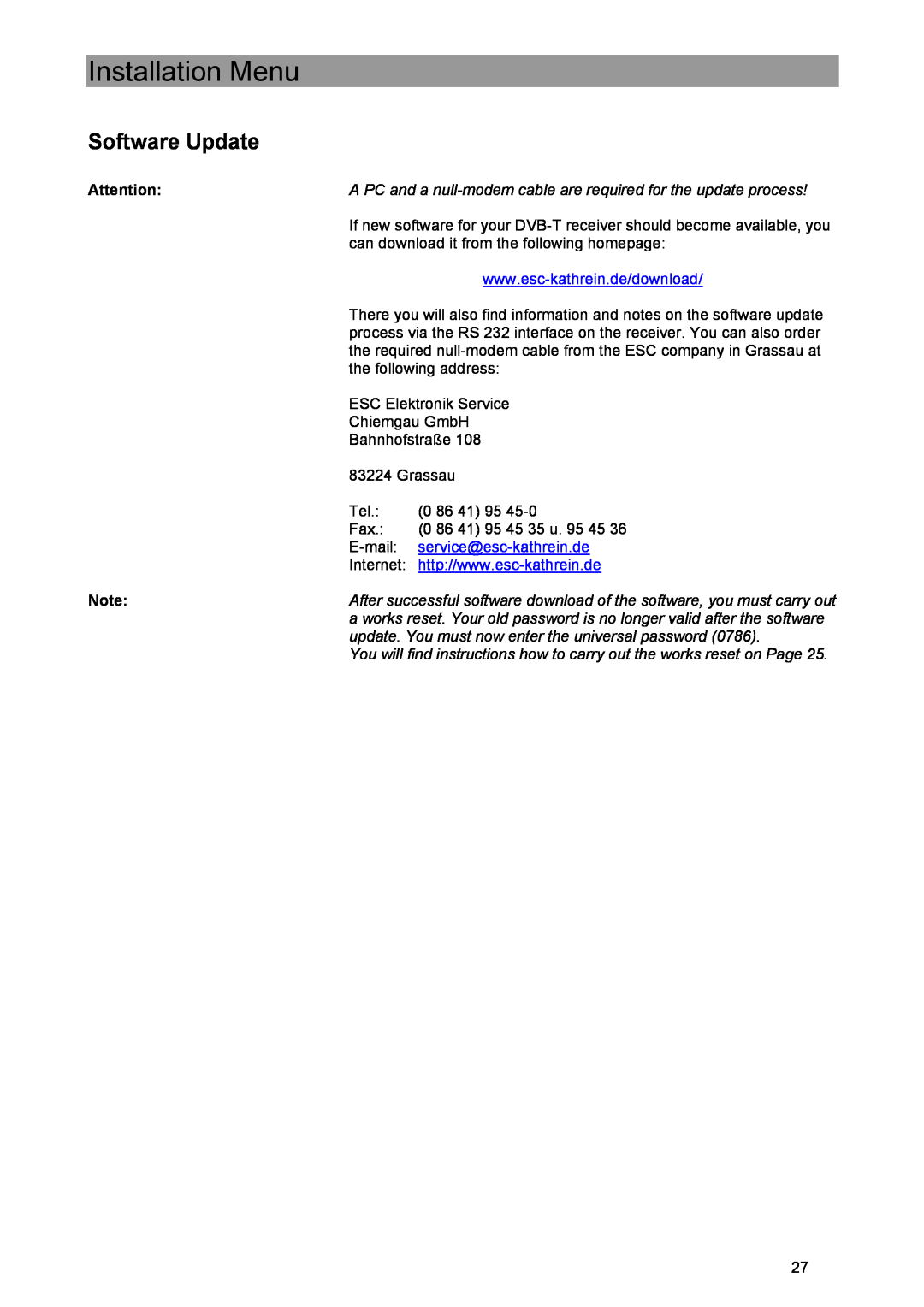 Kathrein UFE 371/S manual Software Update, Installation Menu, service@esc-kathrein.de 