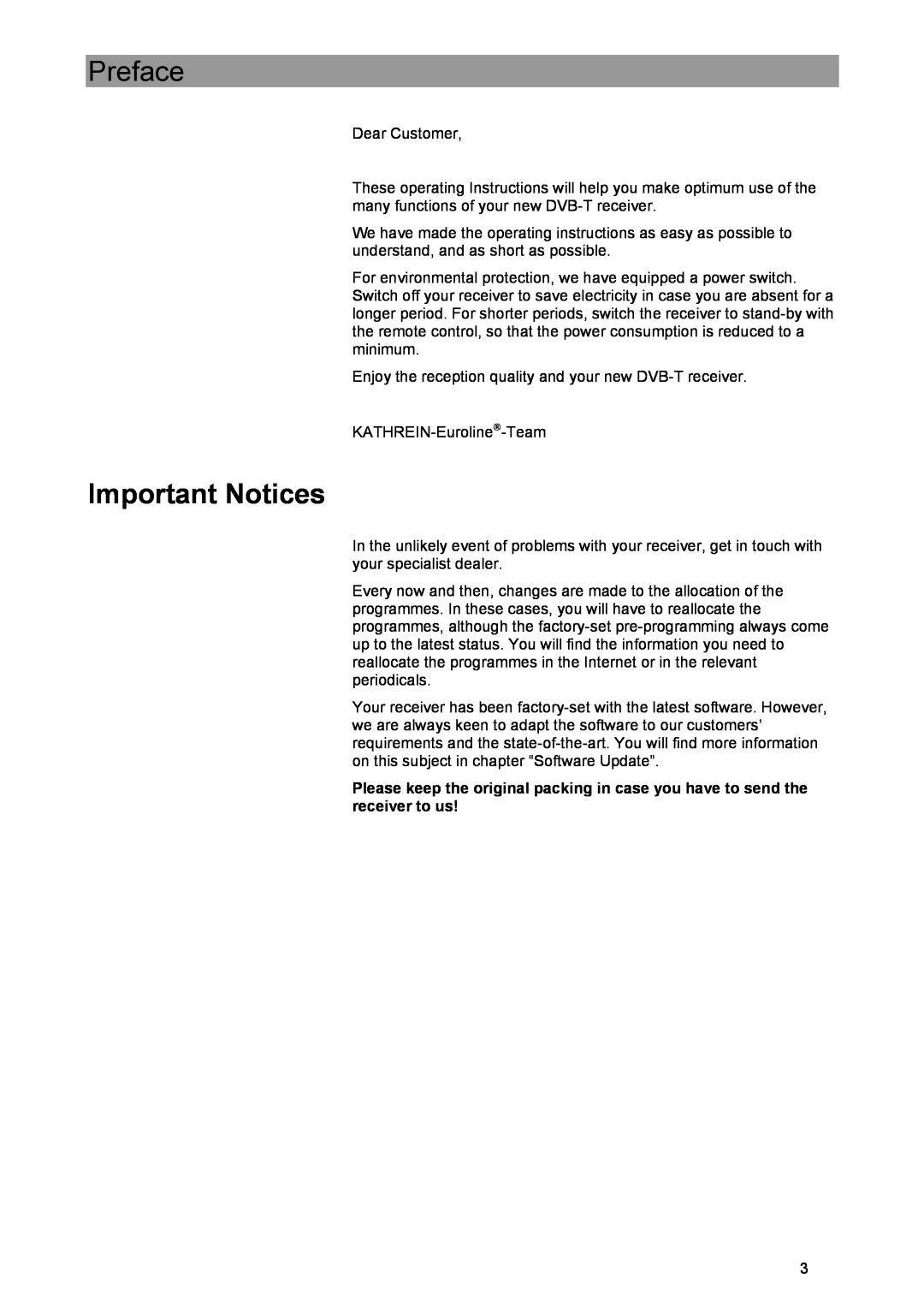 Kathrein UFE 371/S manual Preface, Important Notices 