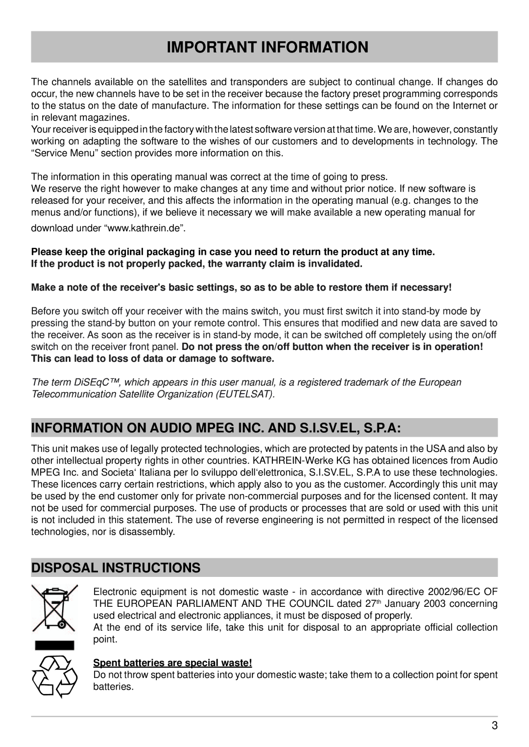 Kathrein UFS 640si manual Important Information, Information on Audio Mpeg INC. and S.I.SV.EL, S.P.A, Disposal Instructions 