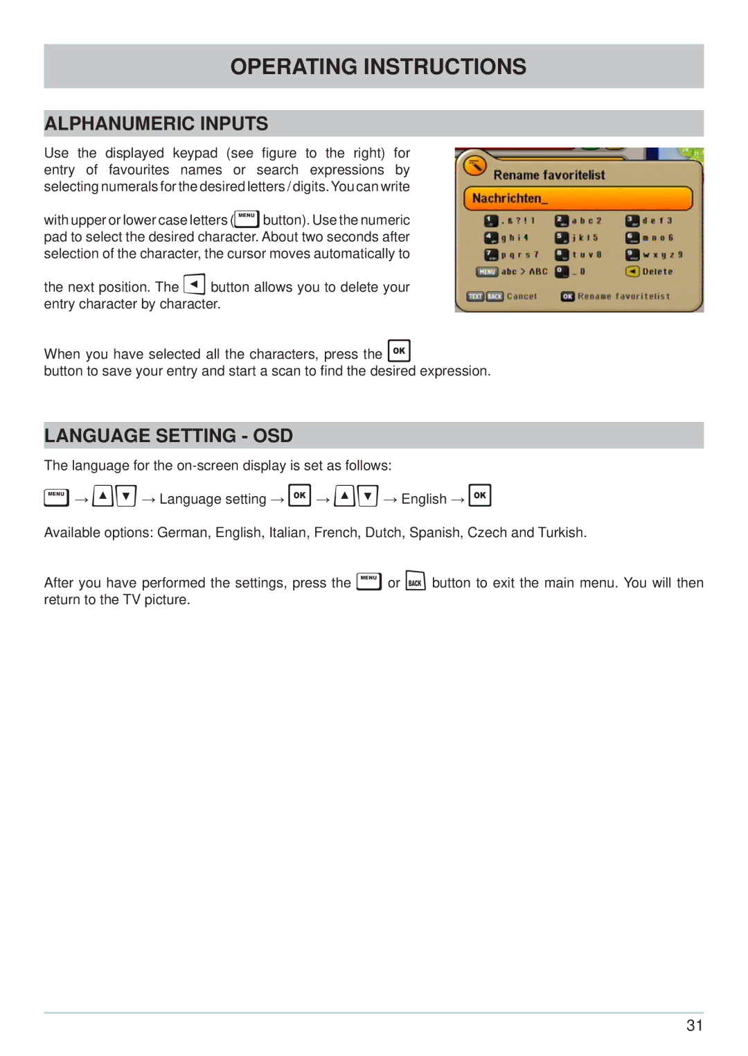 Kathrein UFS 640si manual Alphanumeric Inputs, Language Setting OSD 