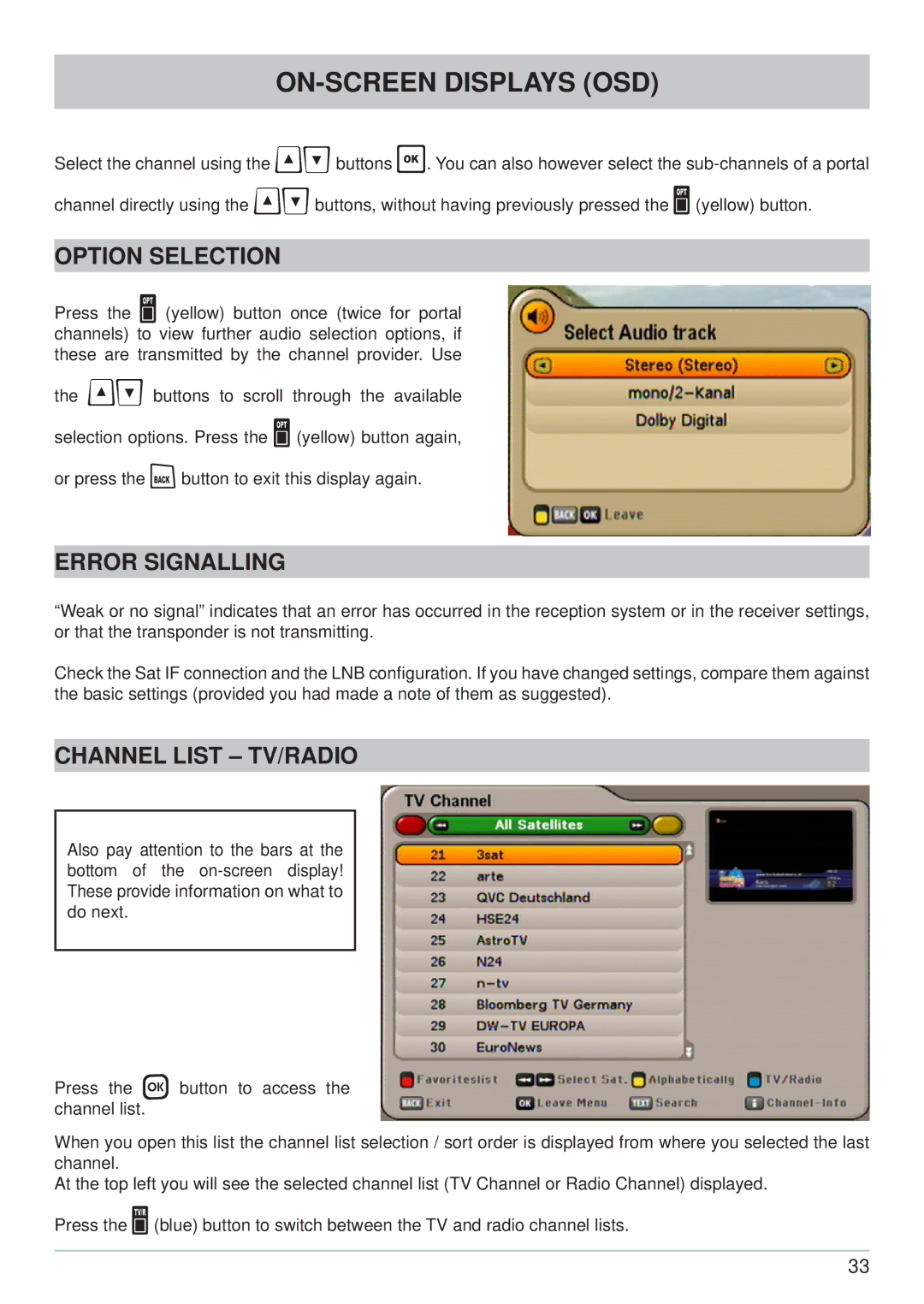 Kathrein UFS 640si manual Option Selection, Error Signalling, Channel List TV/RADIO 