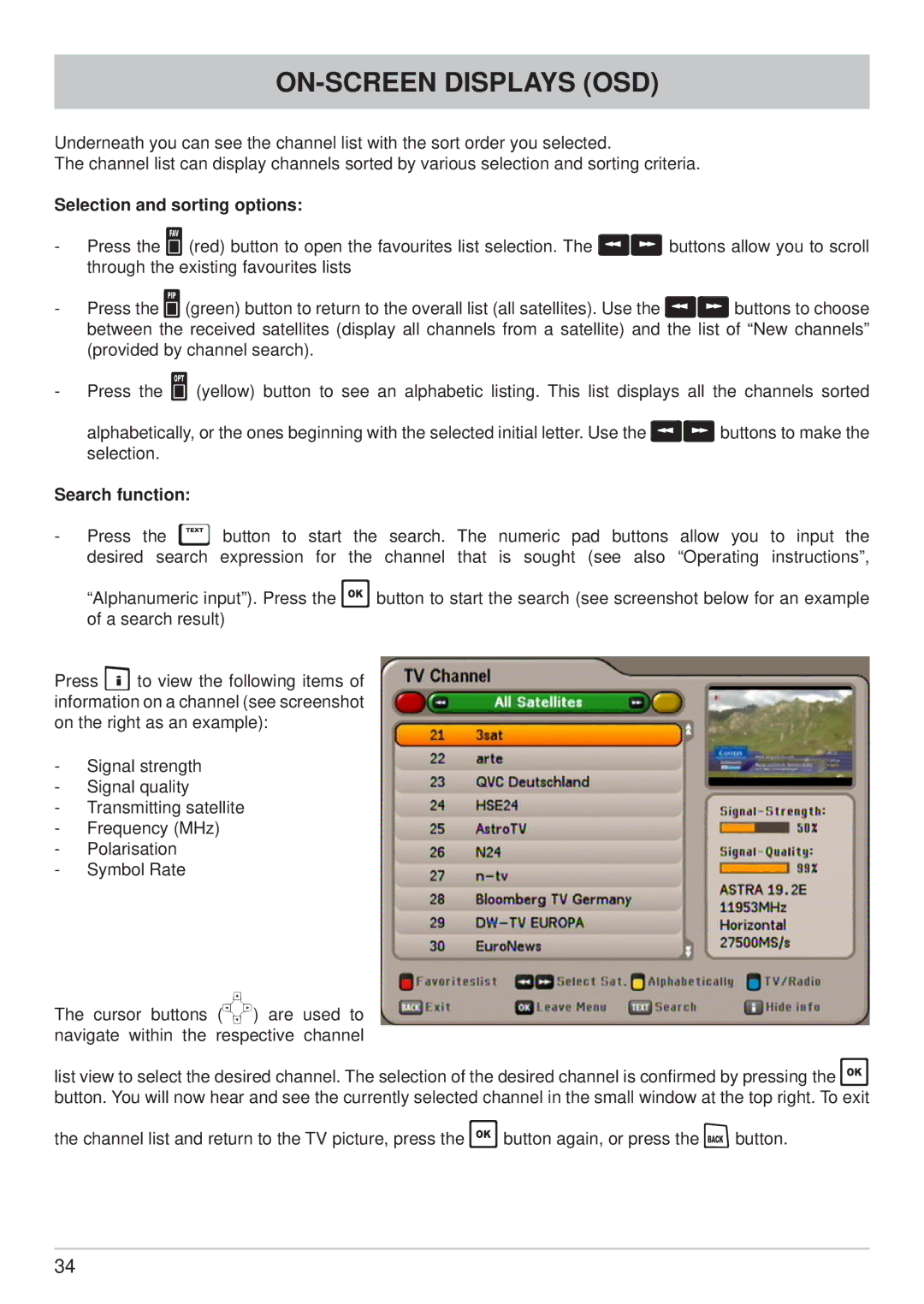 Kathrein UFS 640si manual Selection and sorting options, Search function 