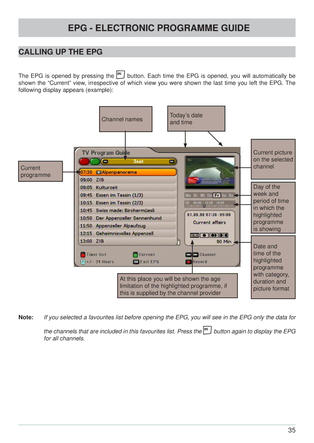 Kathrein UFS 640si manual EPG Electronic Programme Guide, Calling UP the EPG 