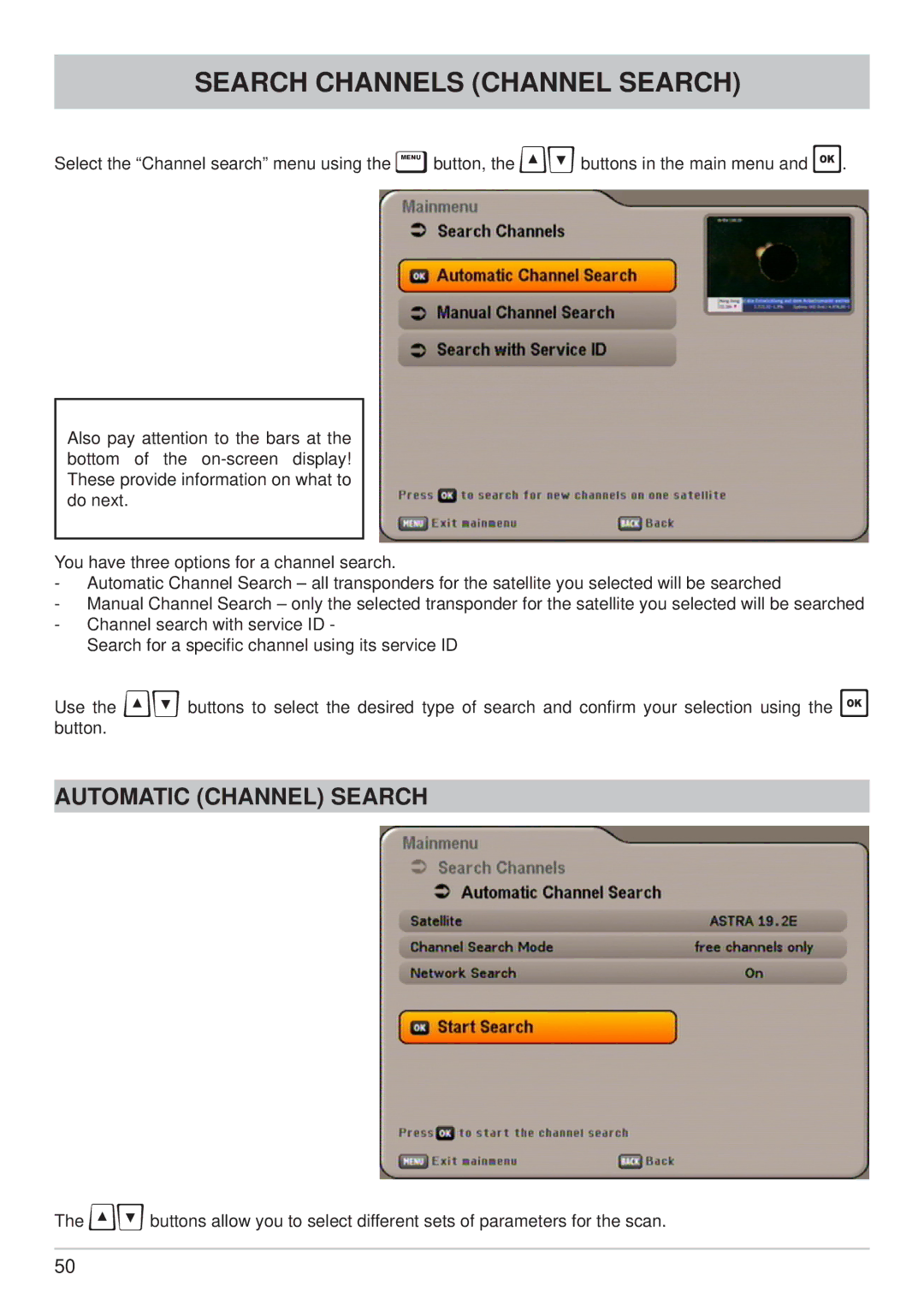 Kathrein UFS 640si manual Search Channels Channel Search, Automatic Channel Search 