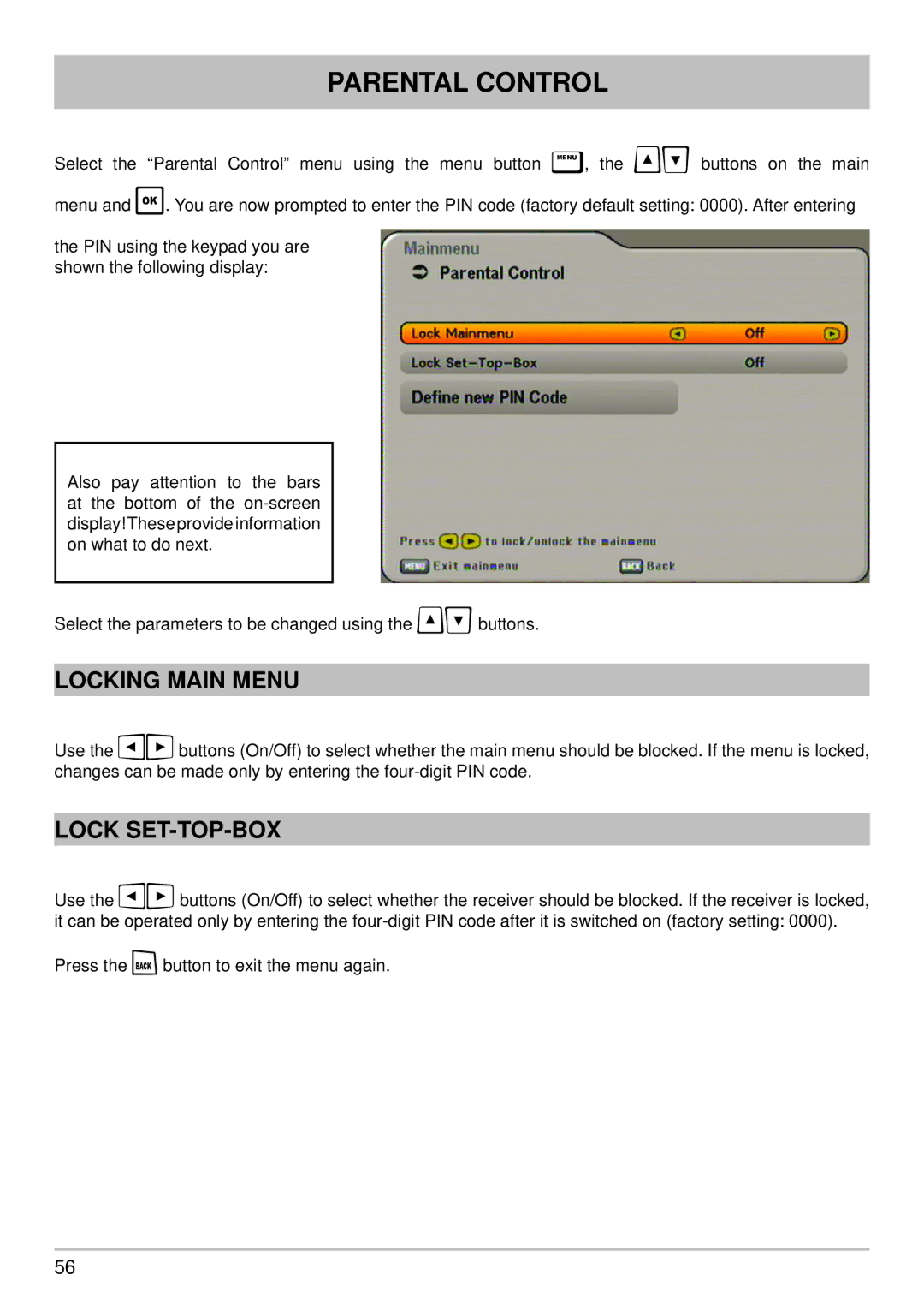 Kathrein UFS 640si manual Parental Control, Locking Main Menu, Lock SET-TOP-BOX 
