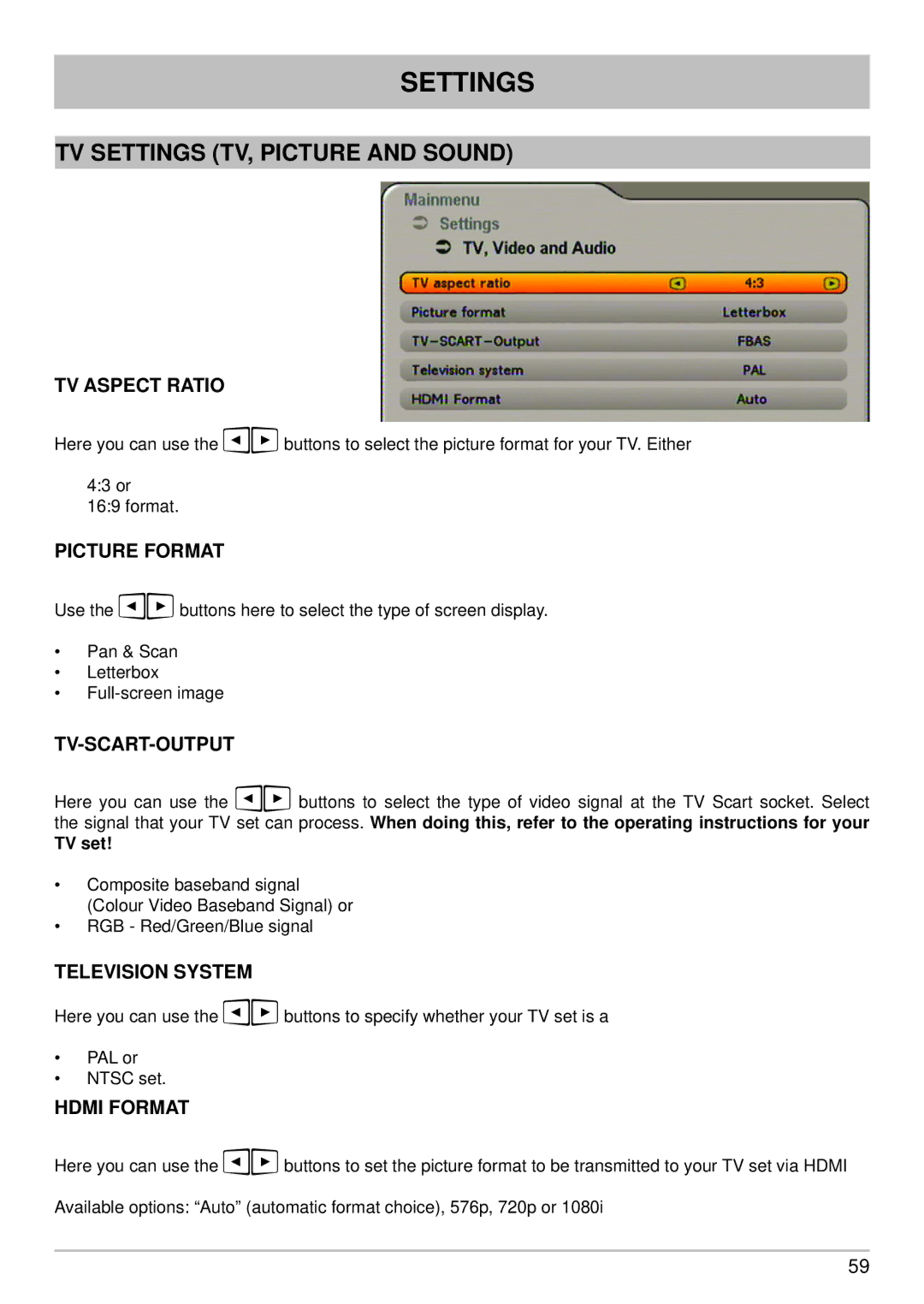 Kathrein UFS 640si manual TV Settings TV, Picture and Sound 