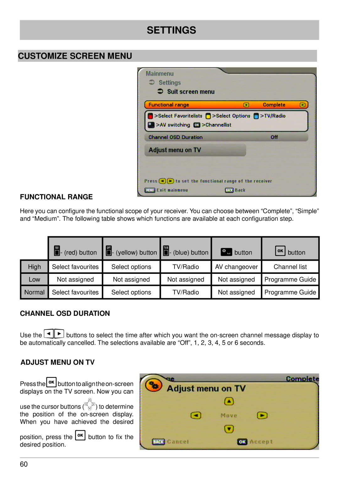 Kathrein UFS 640si manual Customize Screen Menu, Functional Range, Channel OSD Duration, Adjust Menu on TV 