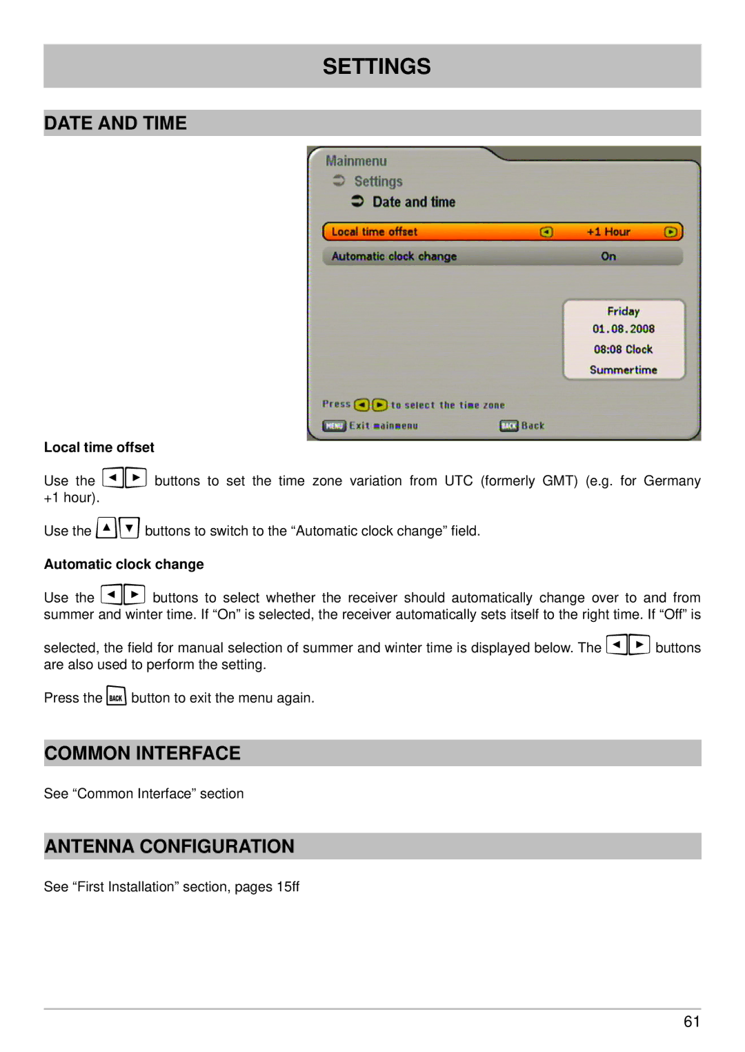 Kathrein UFS 640si manual Date and Time, Common Interface, Antenna Configuration, Automatic clock change 