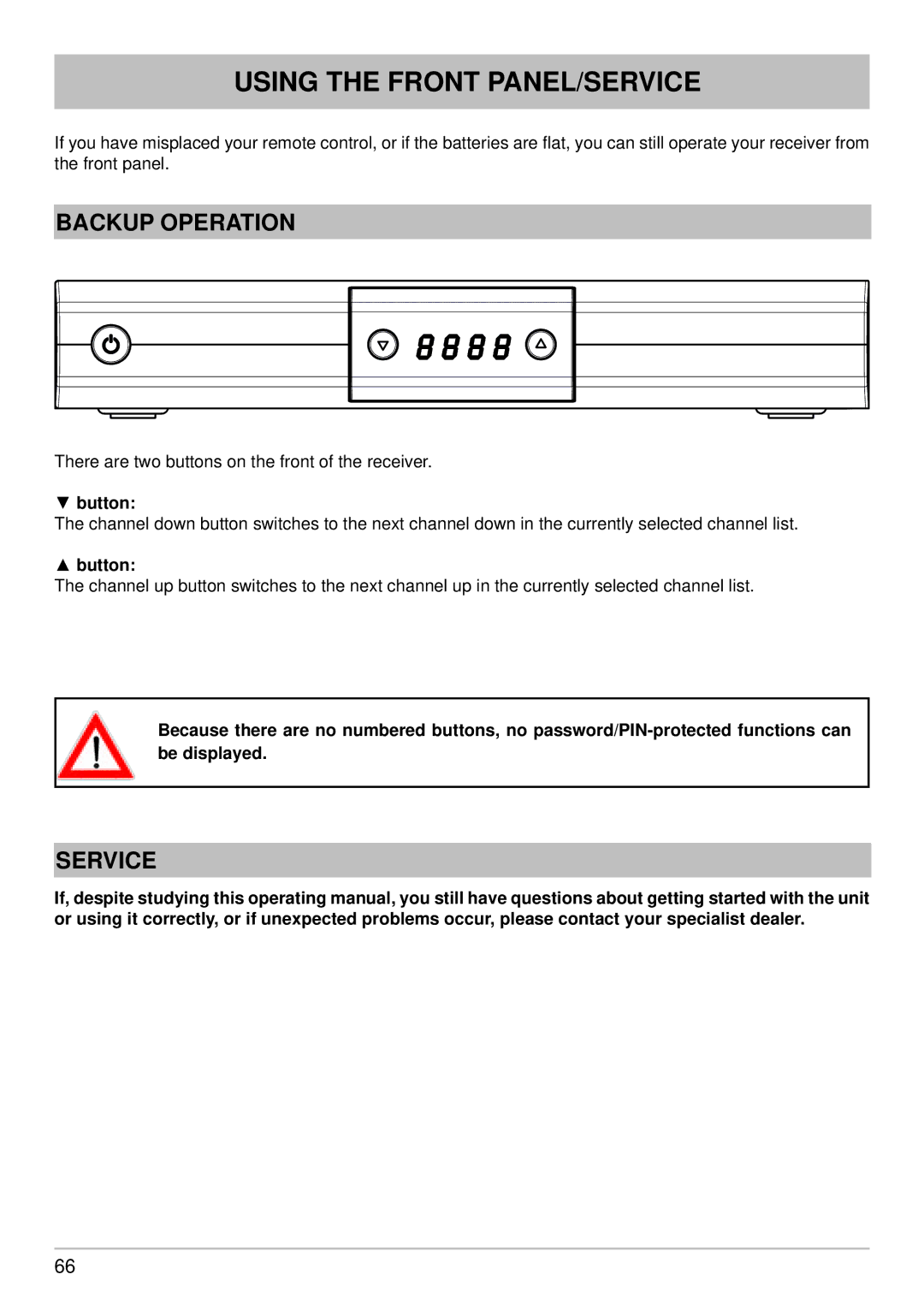 Kathrein UFS 640si manual Using the Front PANEL/SERVICE, Backup Operation, Service, Button 