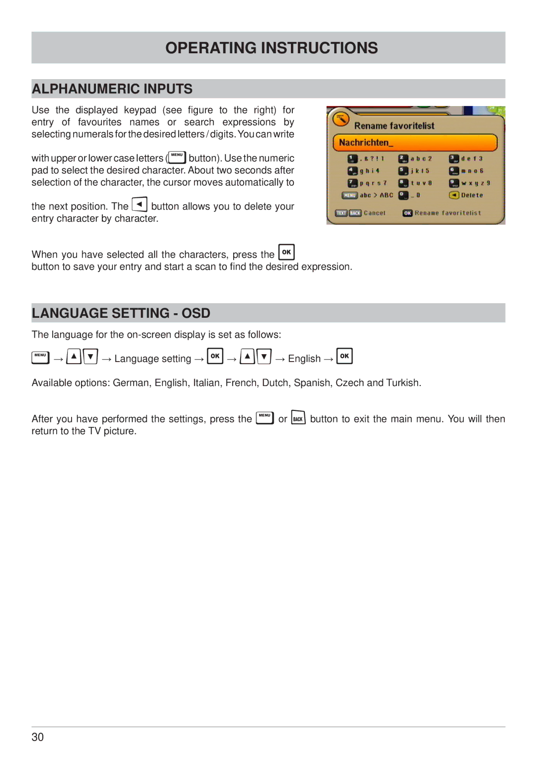 Kathrein UFS 650si, UFS 650sw manual Alphanumeric Inputs, Language Setting OSD 