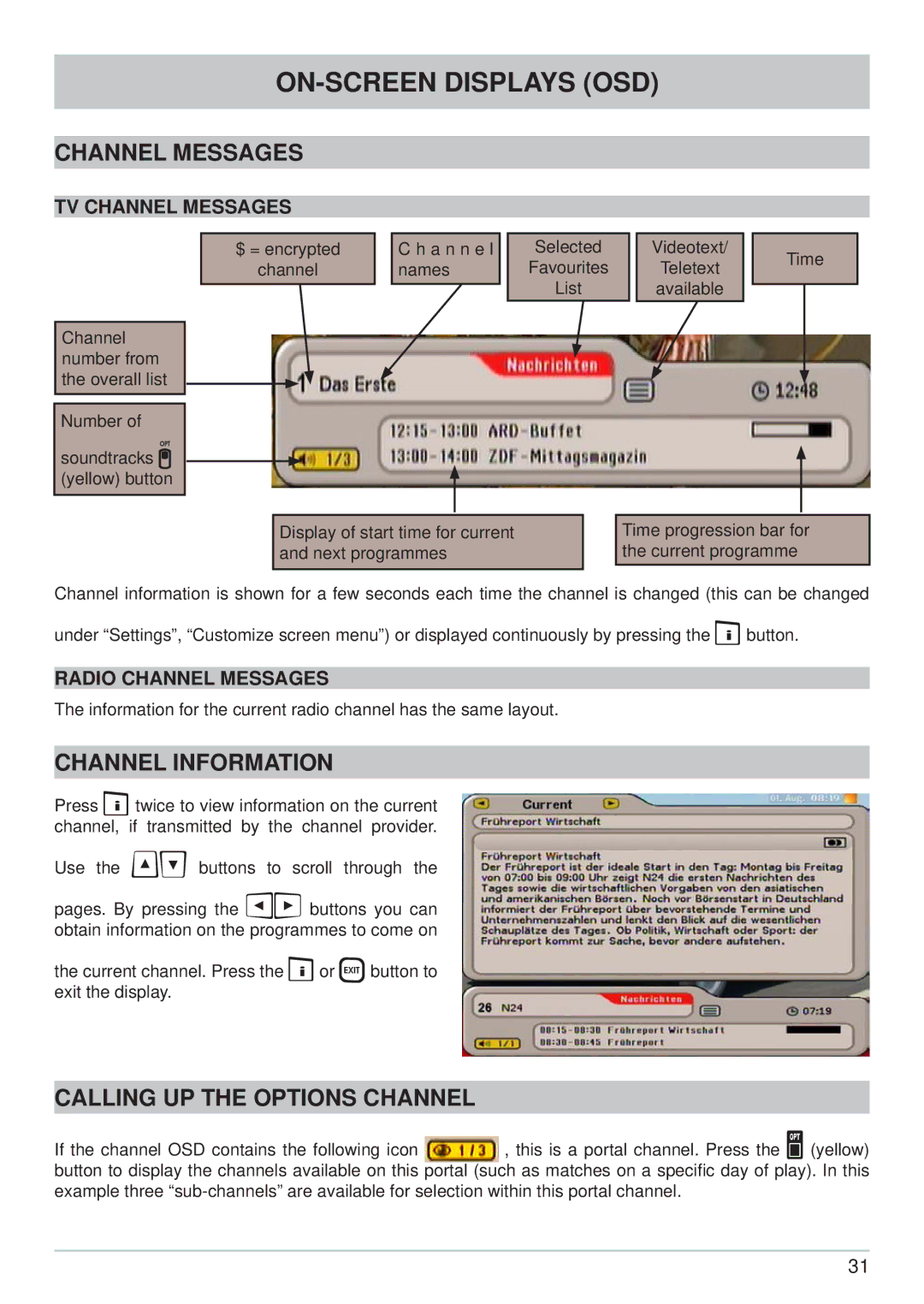 Kathrein UFS 650sw manual ON-SCREEN Displays OSD, Channel Messages, Channel Information, Calling UP the Options Channel 