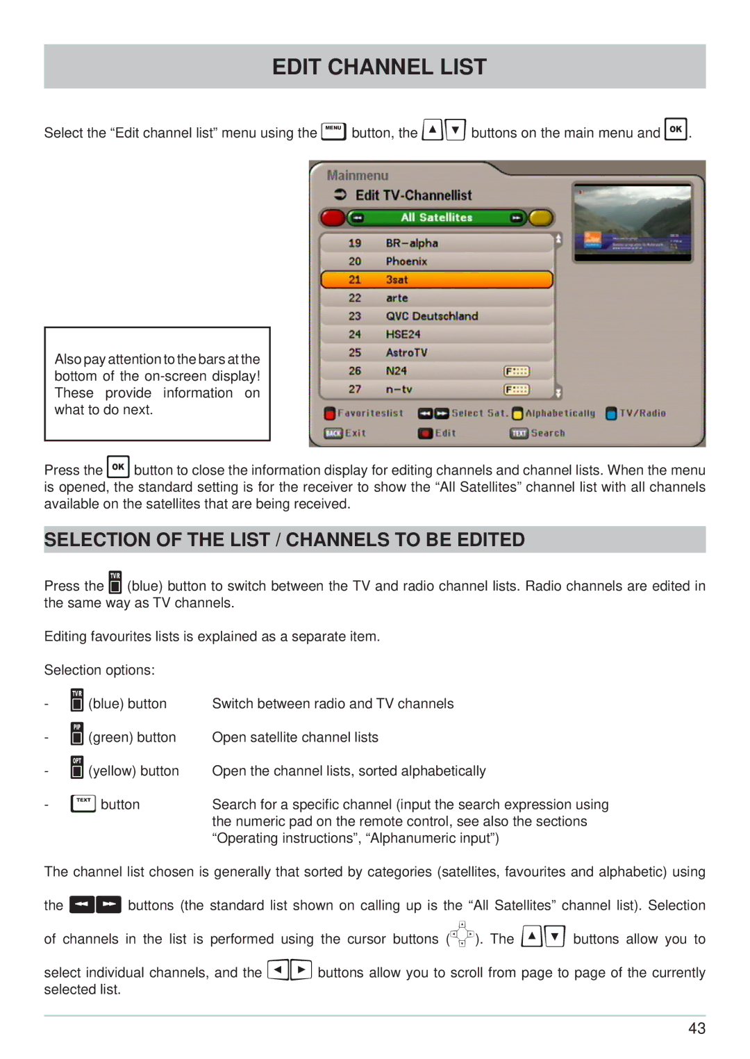 Kathrein UFS 650sw, UFS 650si manual Edit Channel List, Selection of the List / Channels to be Edited 