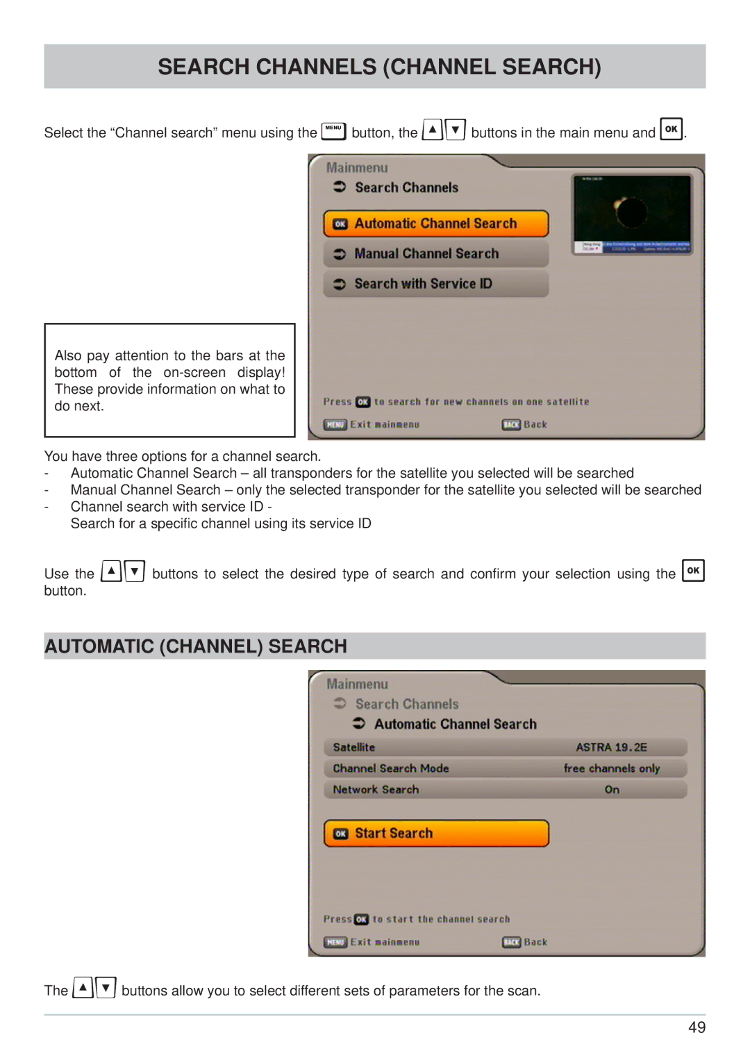 Kathrein UFS 650sw, UFS 650si manual Search Channels Channel Search, Automatic Channel Search 