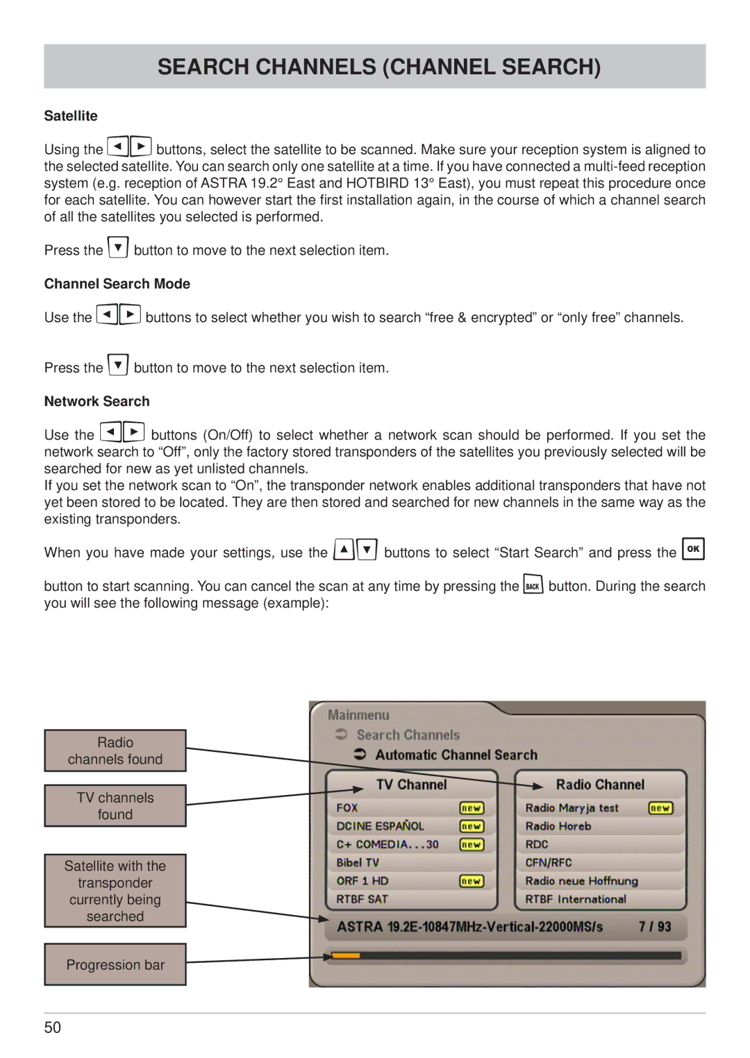 Kathrein UFS 650si, UFS 650sw manual Satellite, Channel Search Mode 