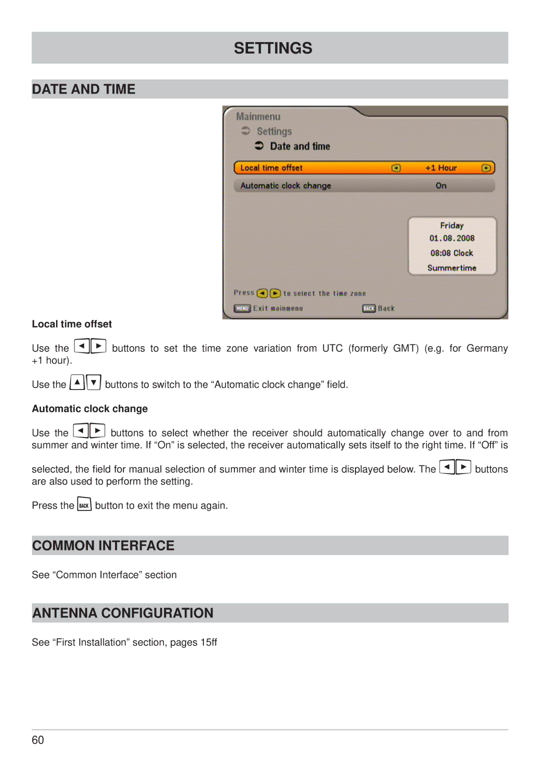 Kathrein UFS 650si, UFS 650sw manual Date and Time, Common Interface, Antenna Configuration, Automatic clock change 