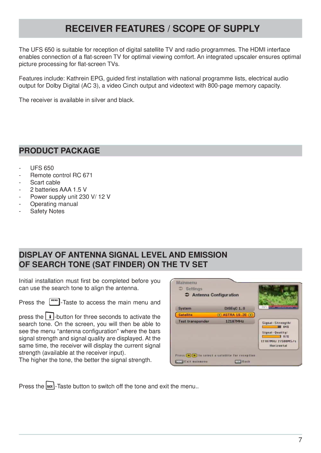 Kathrein UFS 650sw, UFS 650si manual Receiver Features / Scope of Supply, Product Package 