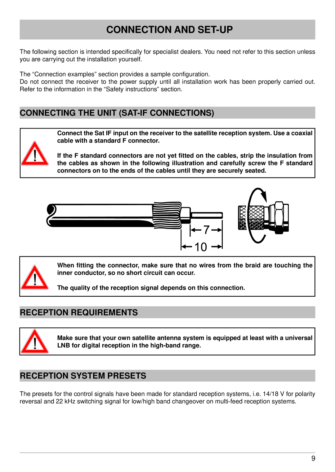 Kathrein UFS 650sw, UFS 650si manual Connection and SET-UP, Connecting the Unit SAT-IF Connections, Reception Requirements 