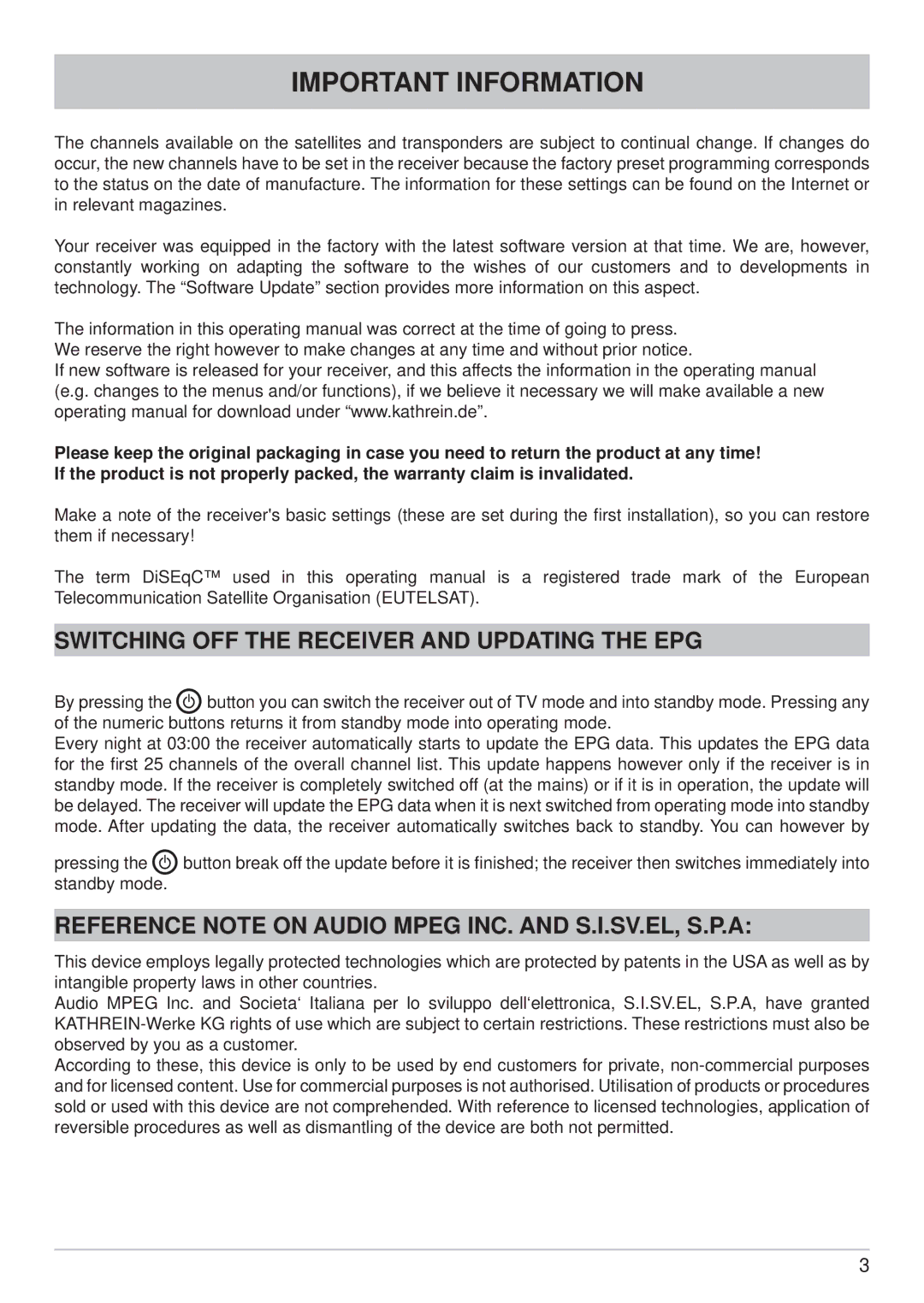 Kathrein UFS 700si, UFS 700sw manual Important Information, Switching OFF the Receiver and Updating the EPG 