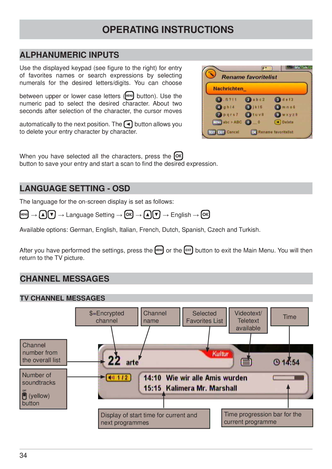 Kathrein UFS 700sw, UFS 700si manual Alphanumeric Inputs, Language Setting OSD, TV Channel Messages 