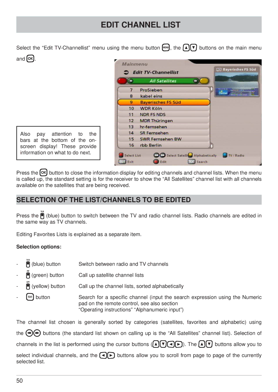 Kathrein UFS 700sw, UFS 700si manual Edit Channel List, Selection of the LIST/CHANNELS to be Edited 