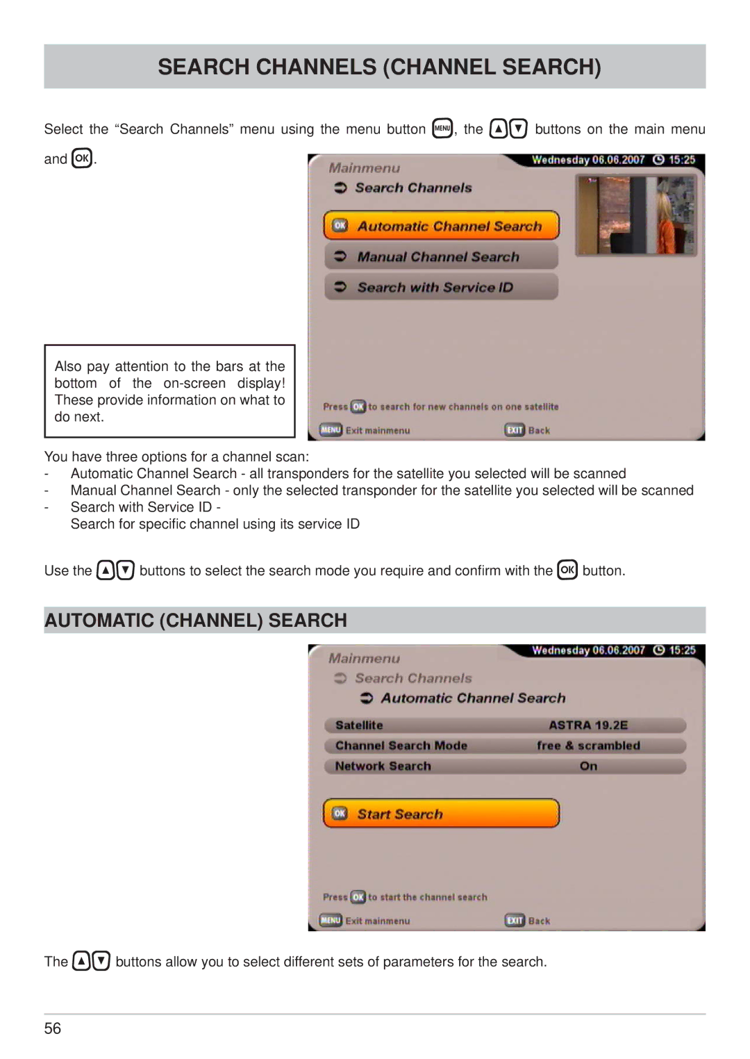 Kathrein UFS 700sw, UFS 700si manual Search Channels Channel Search, Automatic Channel Search 