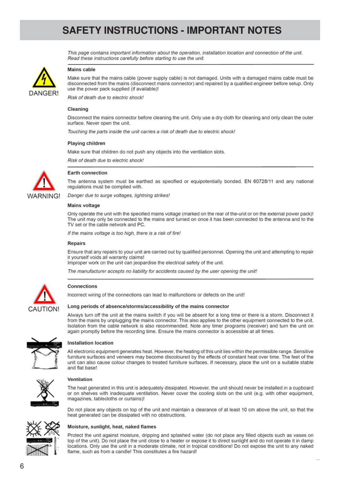 Kathrein UFS 700sw, UFS 700si manual Safety Instructions Important Notes 